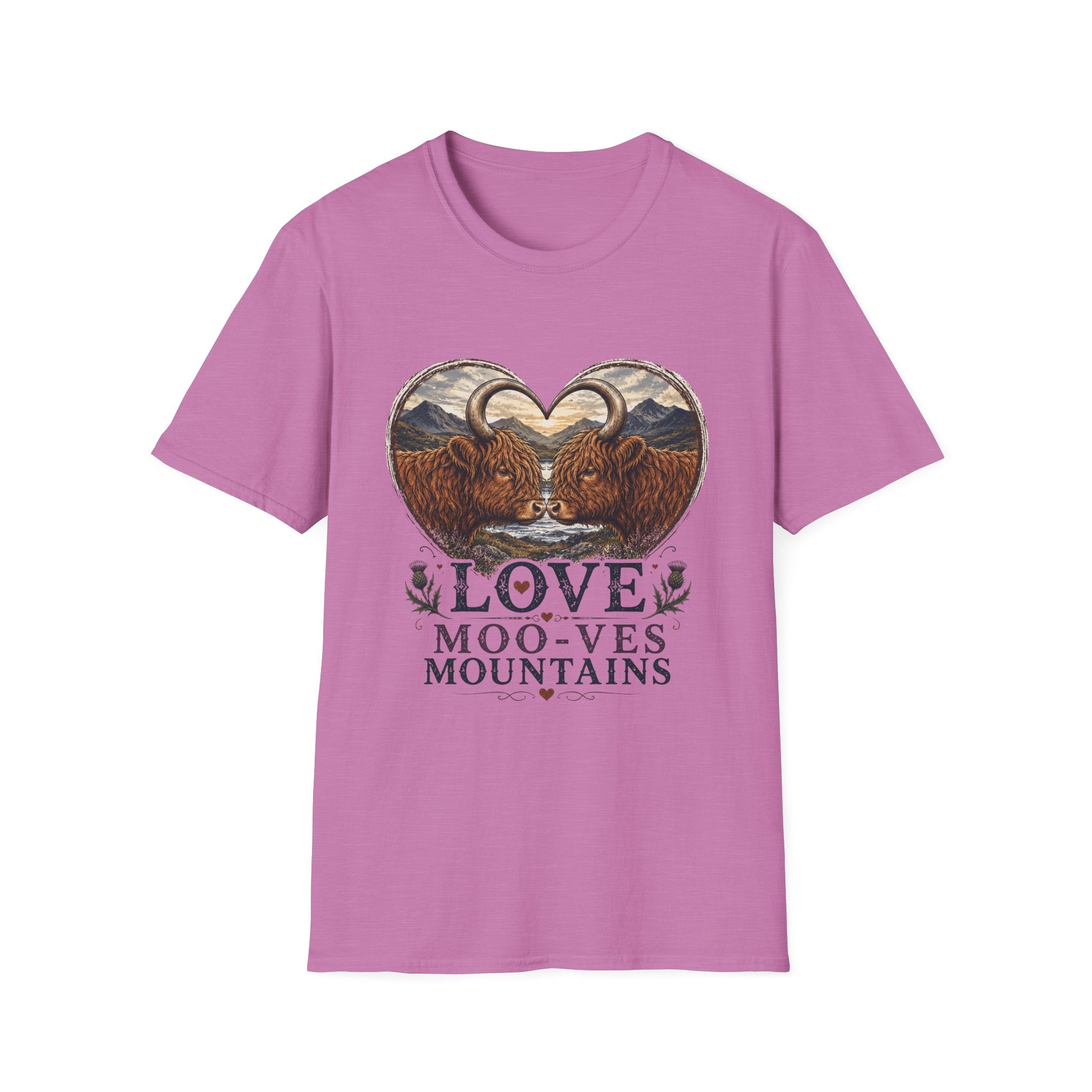 Highland Cow Heart T-Shirt — “Love Moo-ves Mountains”
