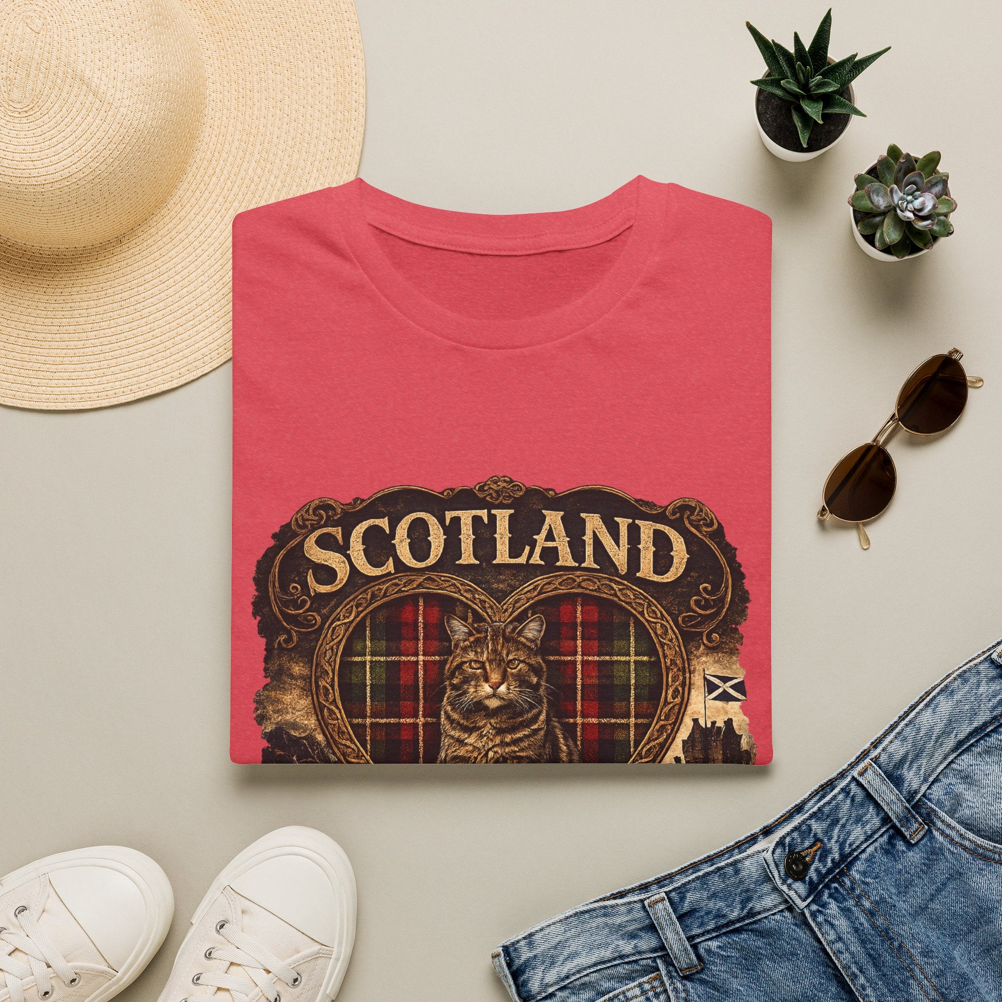 Scotland Wildcat – Heart, Home & Tartan Cat Retro Travel Tee