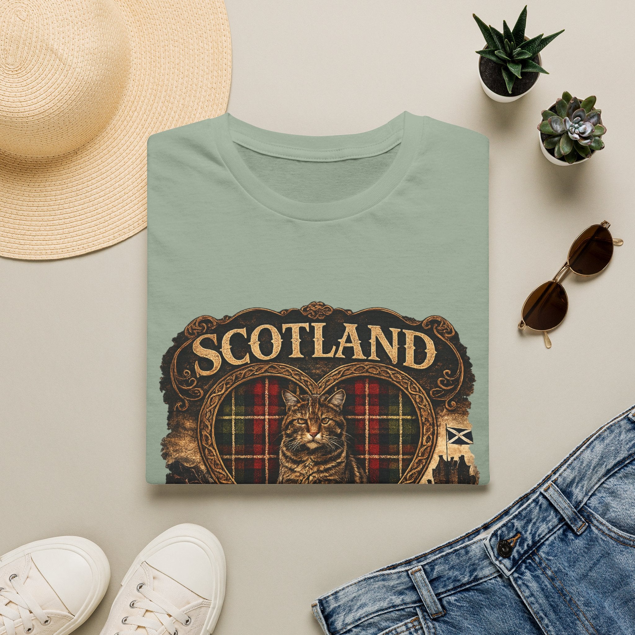 Scotland Wildcat – Heart, Home & Tartan Cat Retro Travel Tee