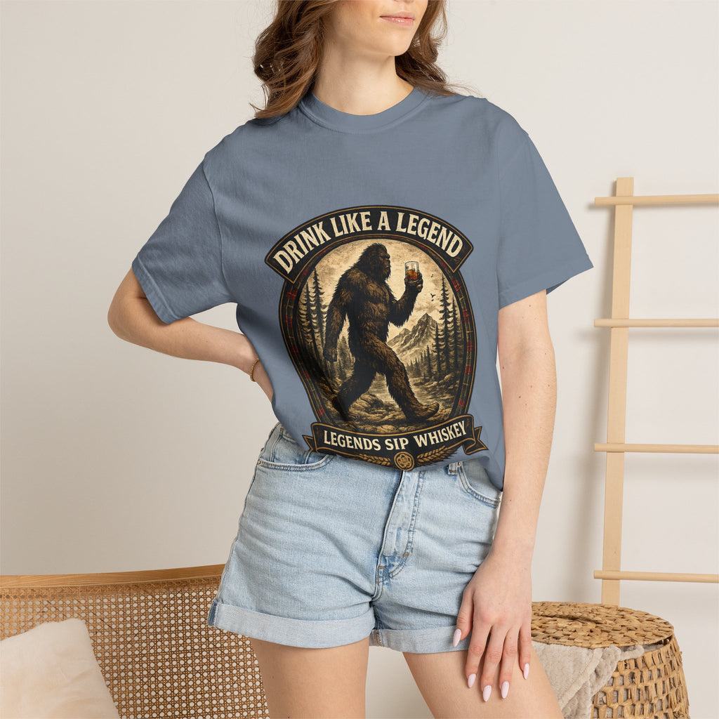 Drink Whiskey Like a Legend T-Shirt — Bigfoot Rustic Forest Graphic Tee
