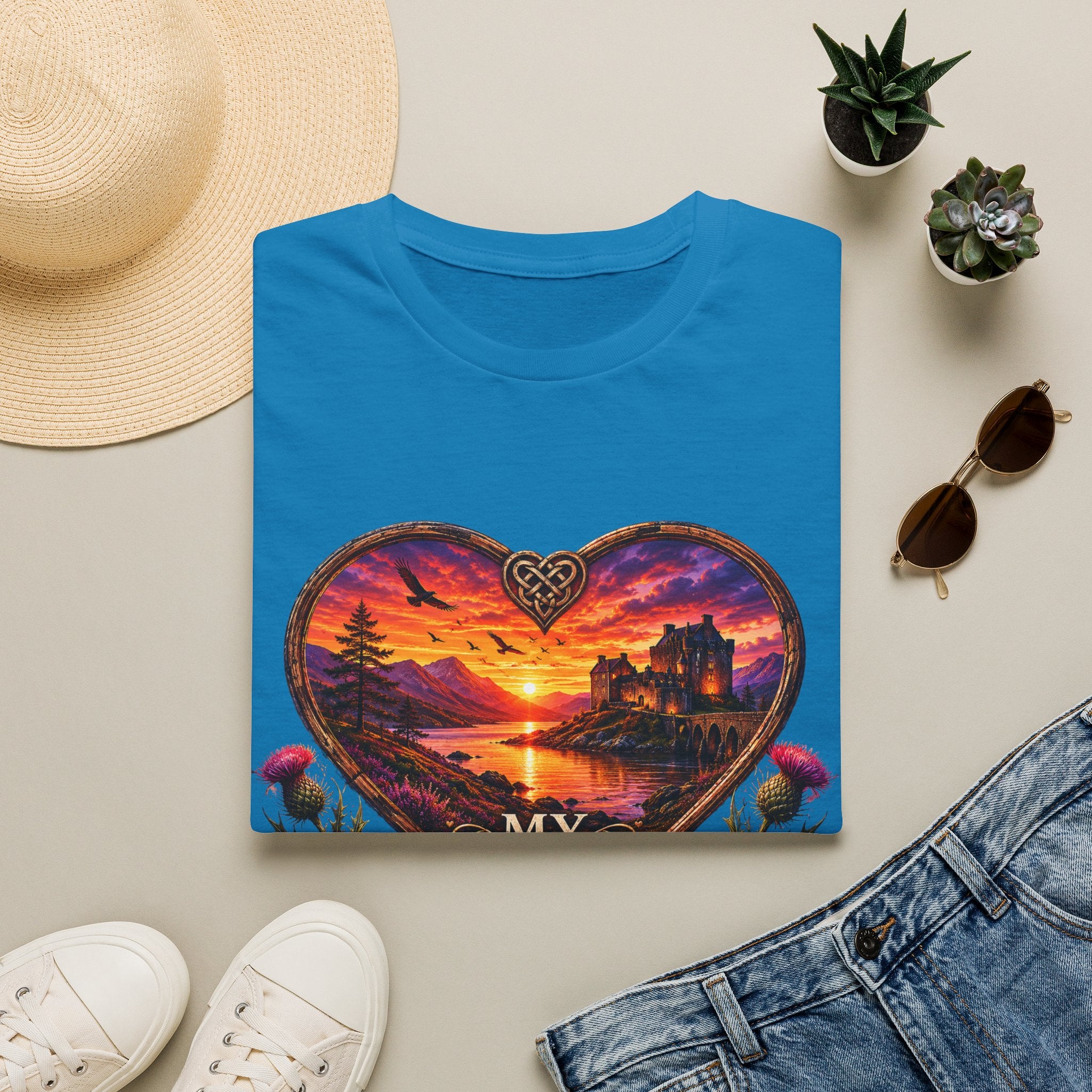 T-Shirt — 'My Heart Never Left Scotland' Scenic Heart Sunset Tee