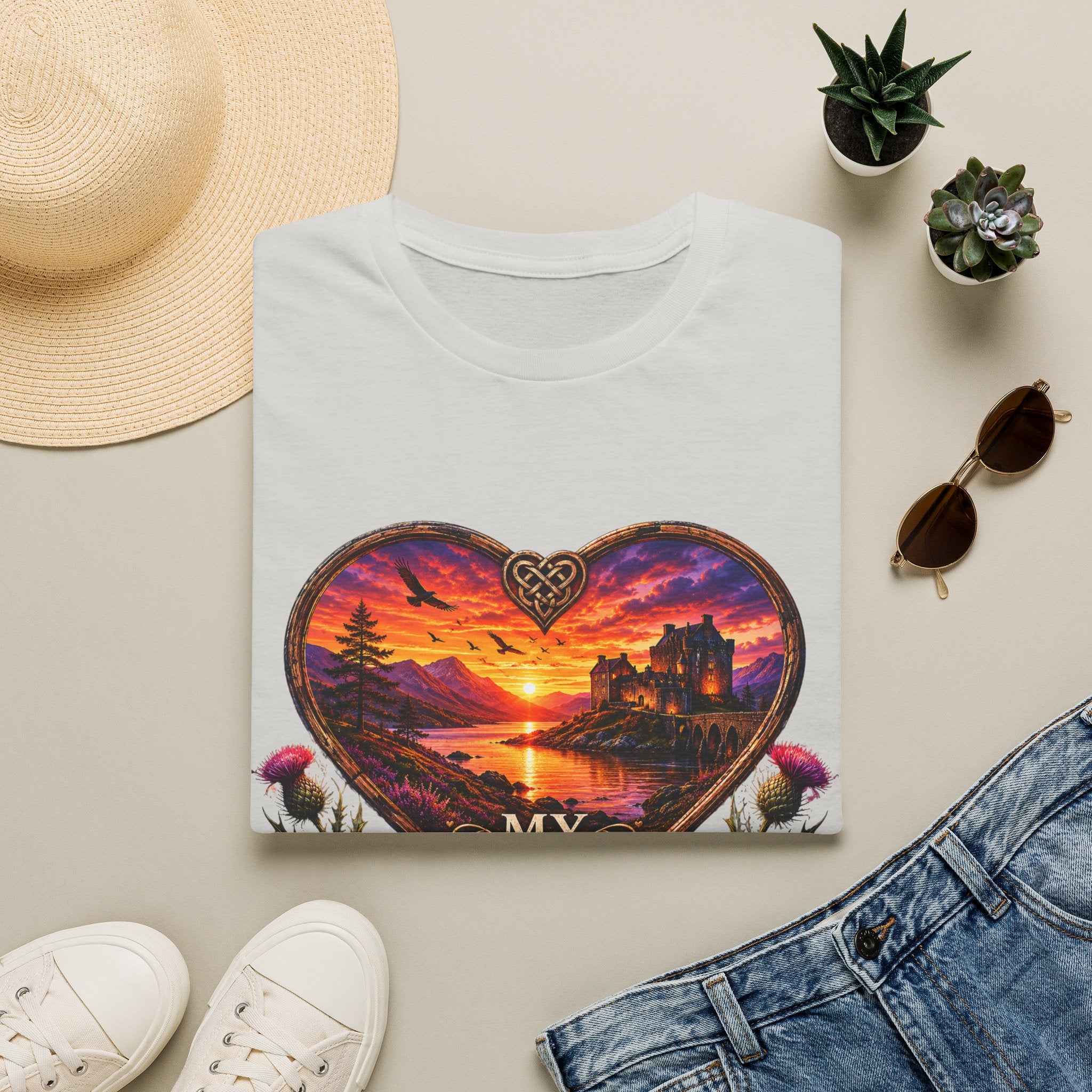 T-Shirt — 'My Heart Never Left Scotland' Scenic Heart Sunset Tee