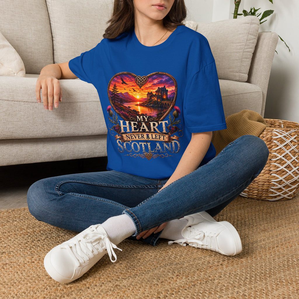 T-Shirt — 'My Heart Never Left Scotland' Scenic Heart Sunset Tee
