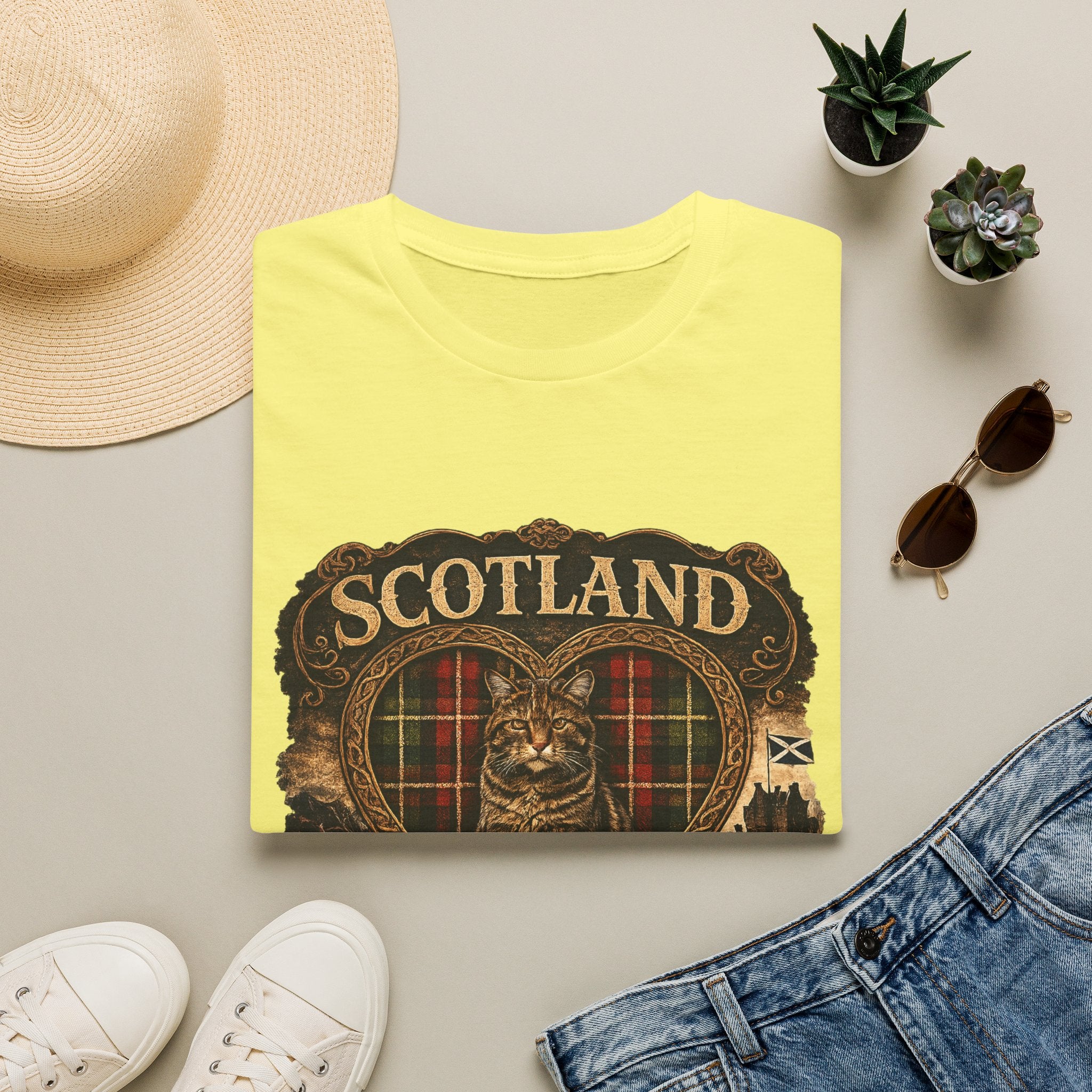 Scotland Wildcat – Heart, Home & Tartan Cat Retro Travel Tee