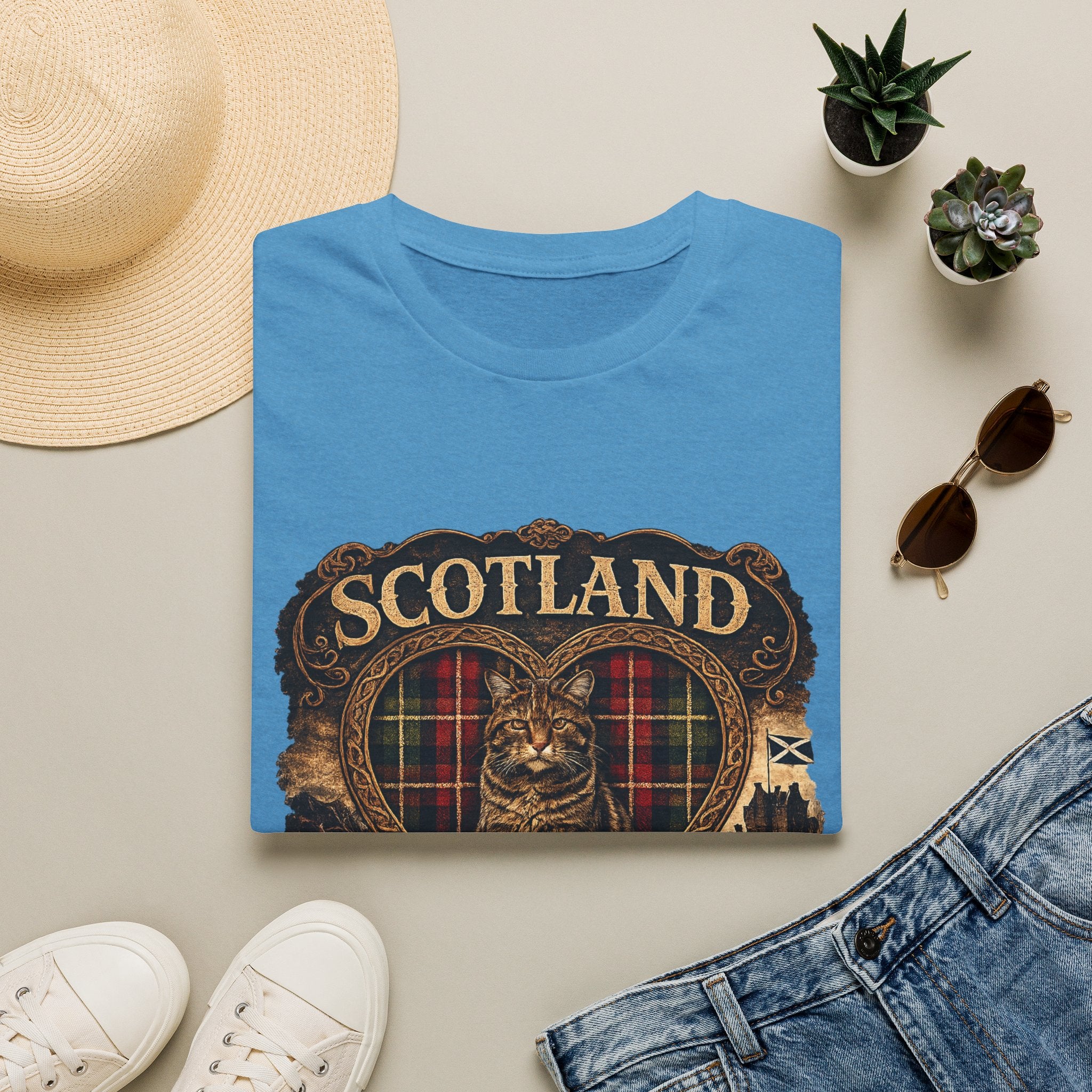 Scotland Wildcat – Heart, Home & Tartan Cat Retro Travel Tee
