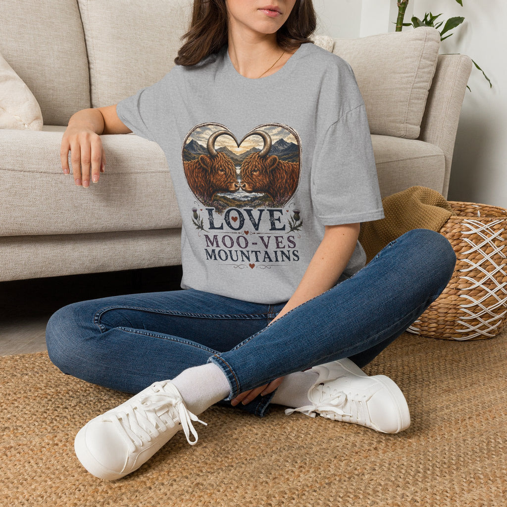 Highland Cow Heart T-Shirt — “Love Moo-ves Mountains”