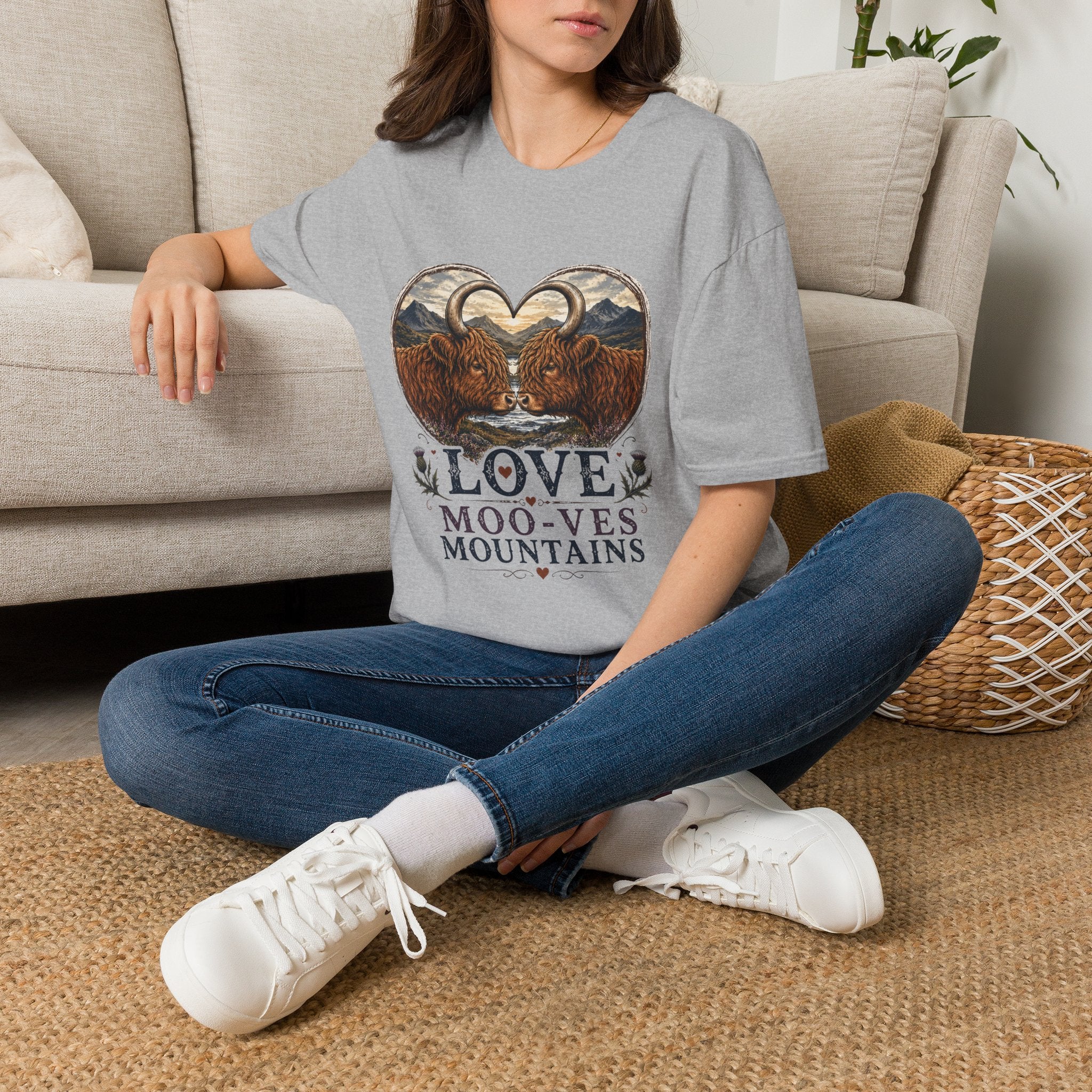 Highland Cow Heart T-Shirt — “Love Moo-ves Mountains”