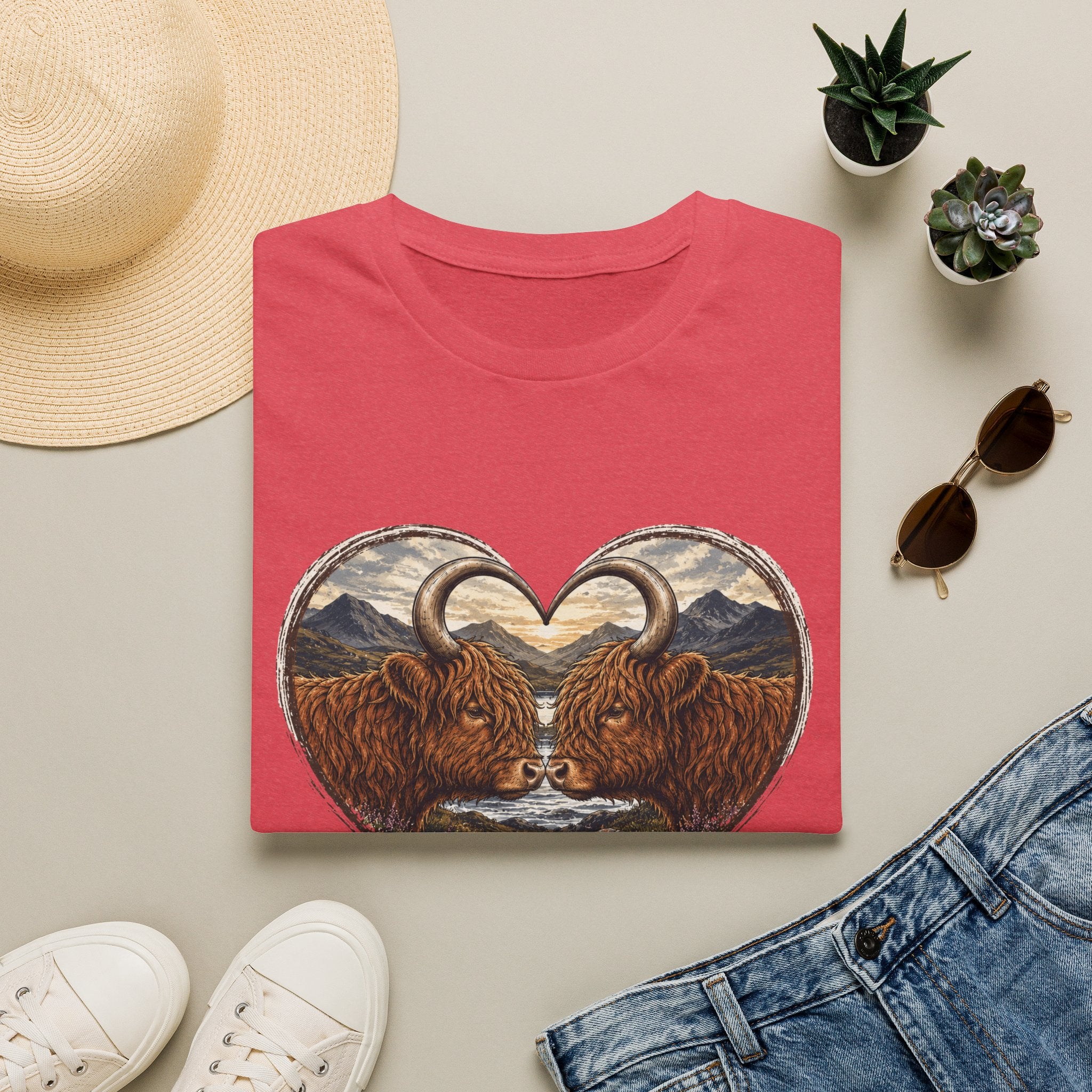 Highland Cow Heart T-Shirt — “Love Moo-ves Mountains”