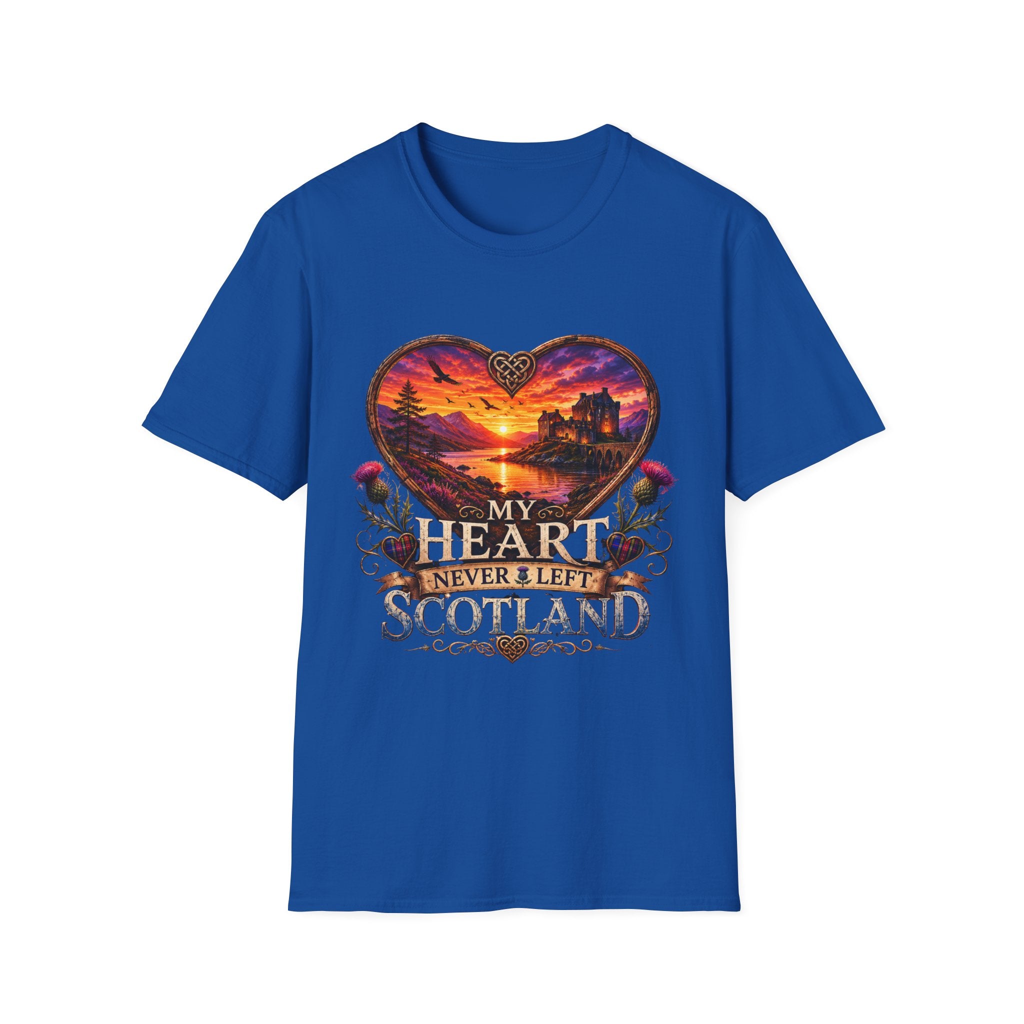 T-Shirt — 'My Heart Never Left Scotland' Scenic Heart Sunset Tee