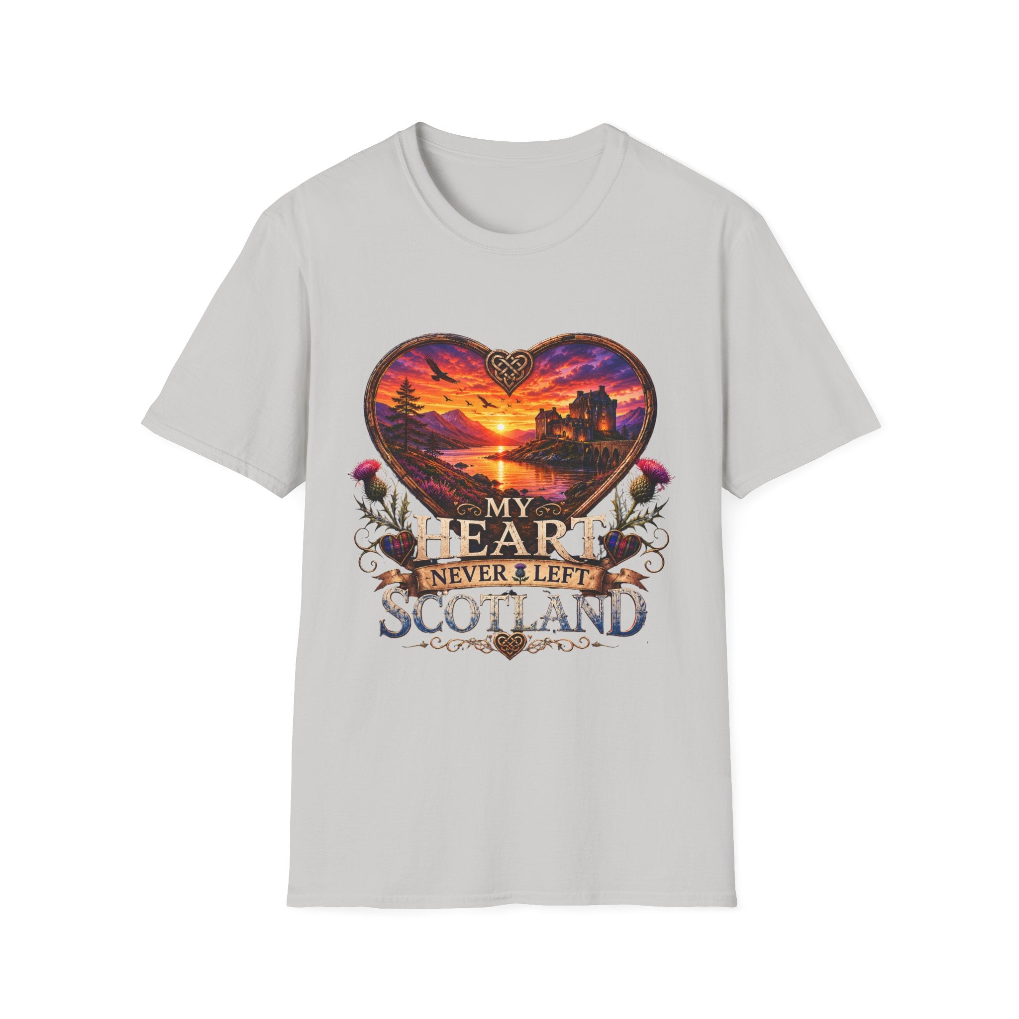 T-Shirt — 'My Heart Never Left Scotland' Scenic Heart Sunset Tee