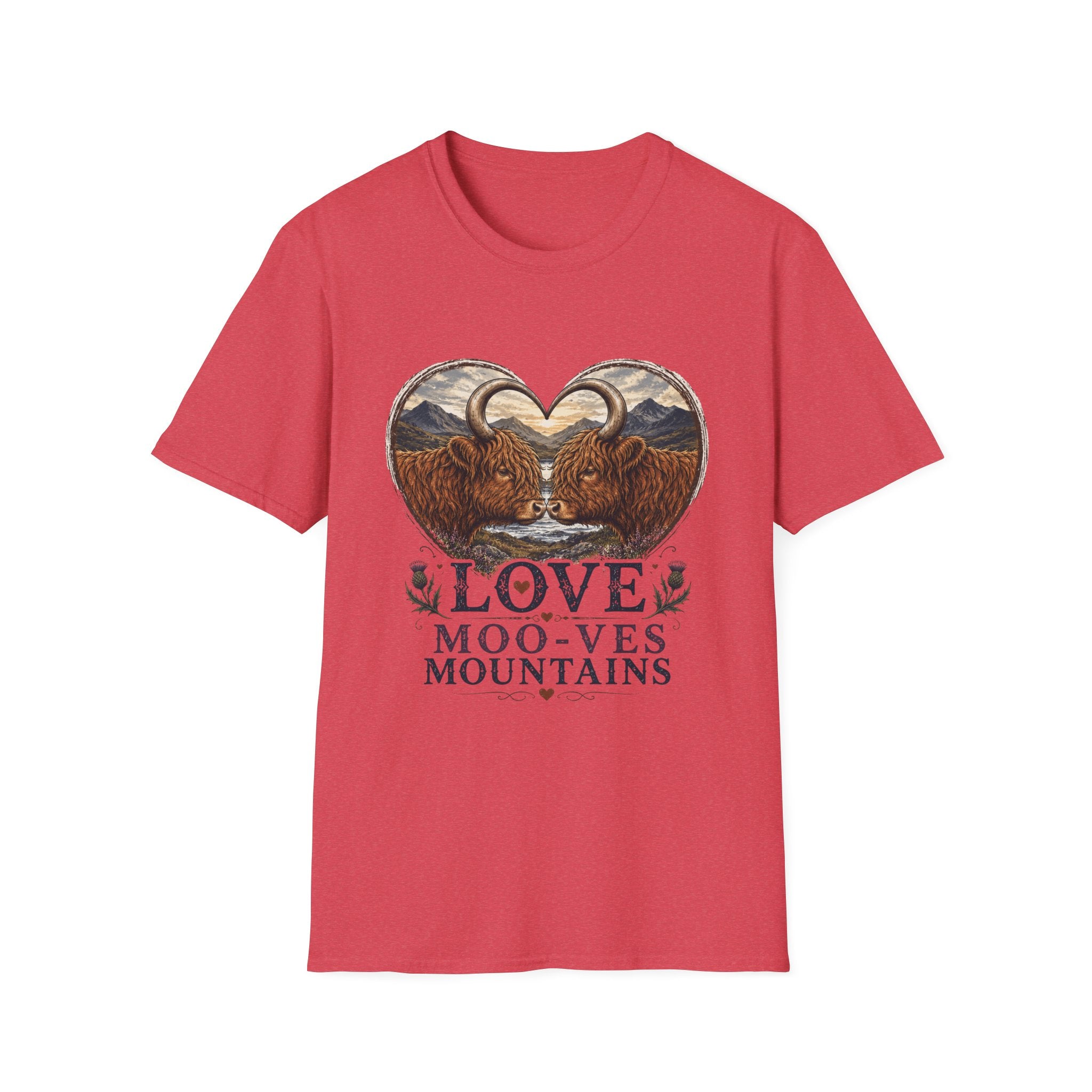 Highland Cow Heart T-Shirt — “Love Moo-ves Mountains”