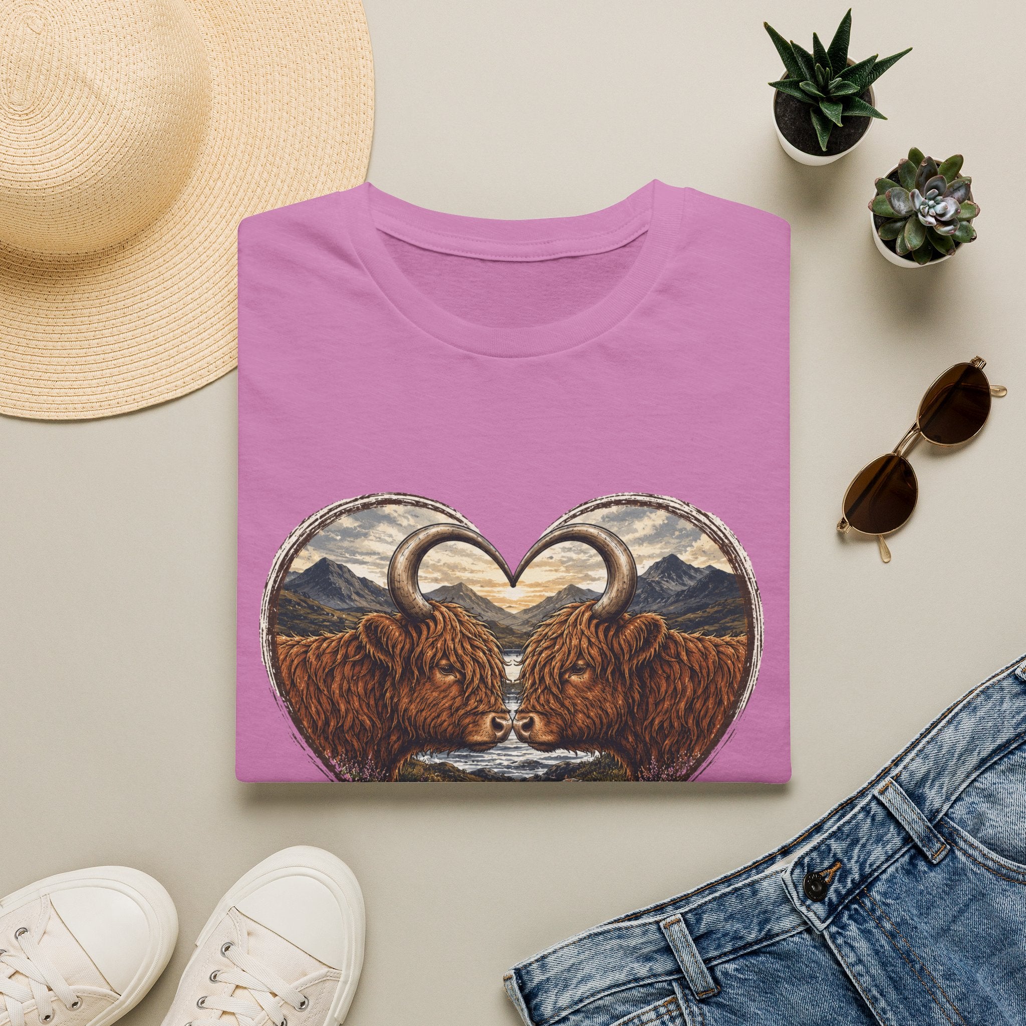 Highland Cow Heart T-Shirt — “Love Moo-ves Mountains”