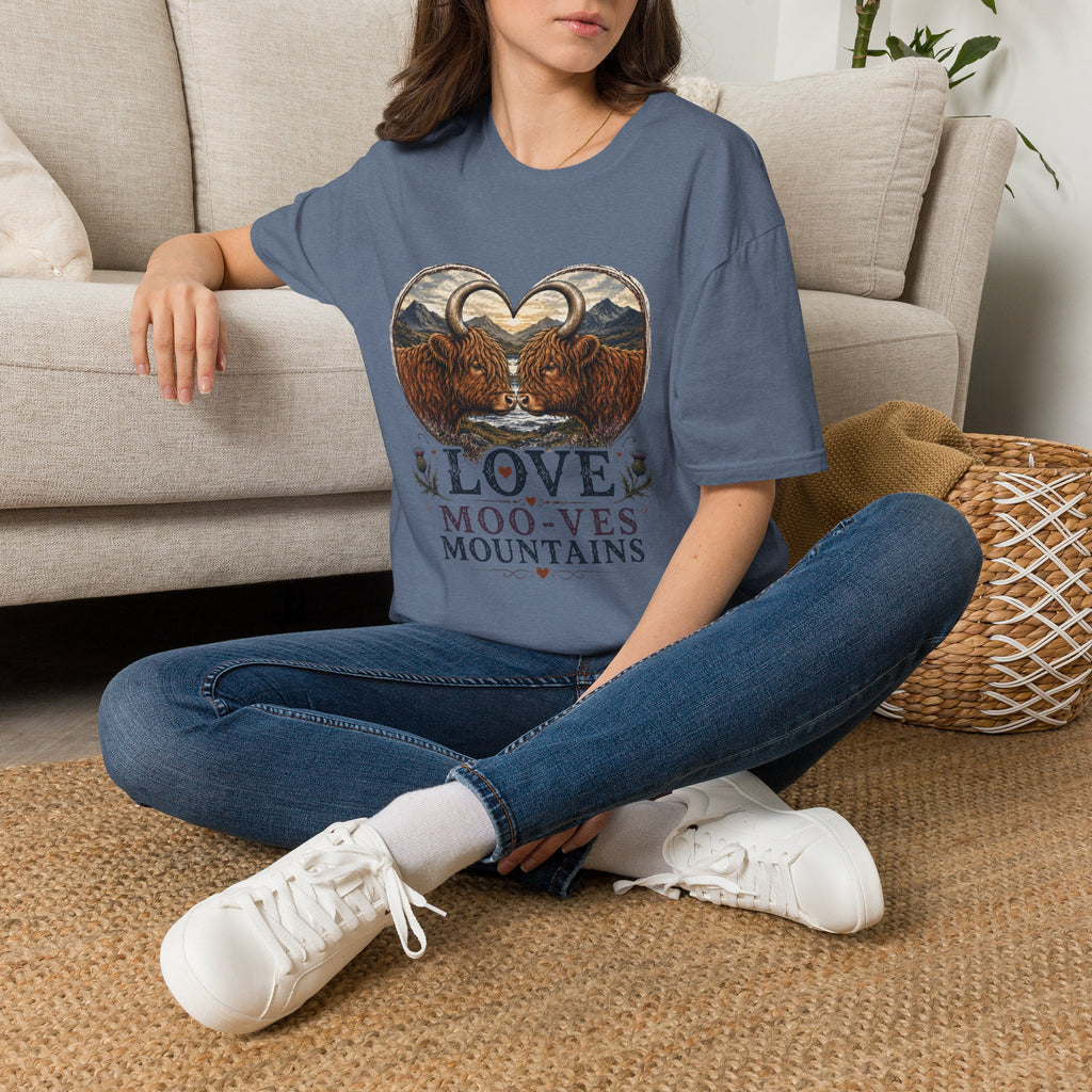 Highland Cow Heart T-Shirt — “Love Moo-ves Mountains”