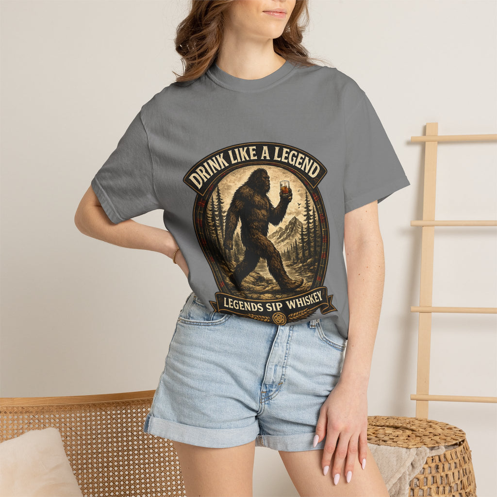 Drink Whiskey Like a Legend T-Shirt — Bigfoot Rustic Forest Graphic Tee