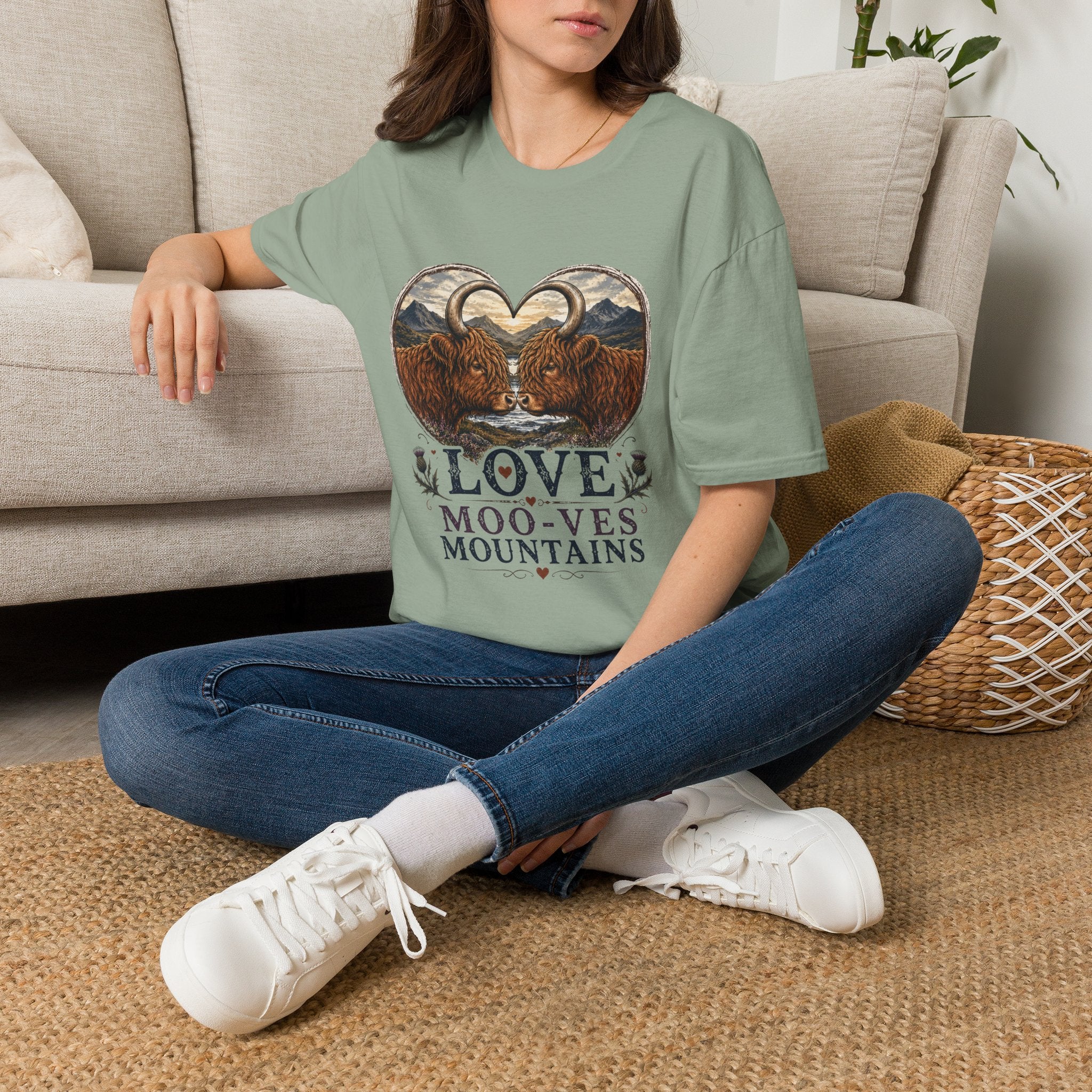 Highland Cow Heart T-Shirt — “Love Moo-ves Mountains”