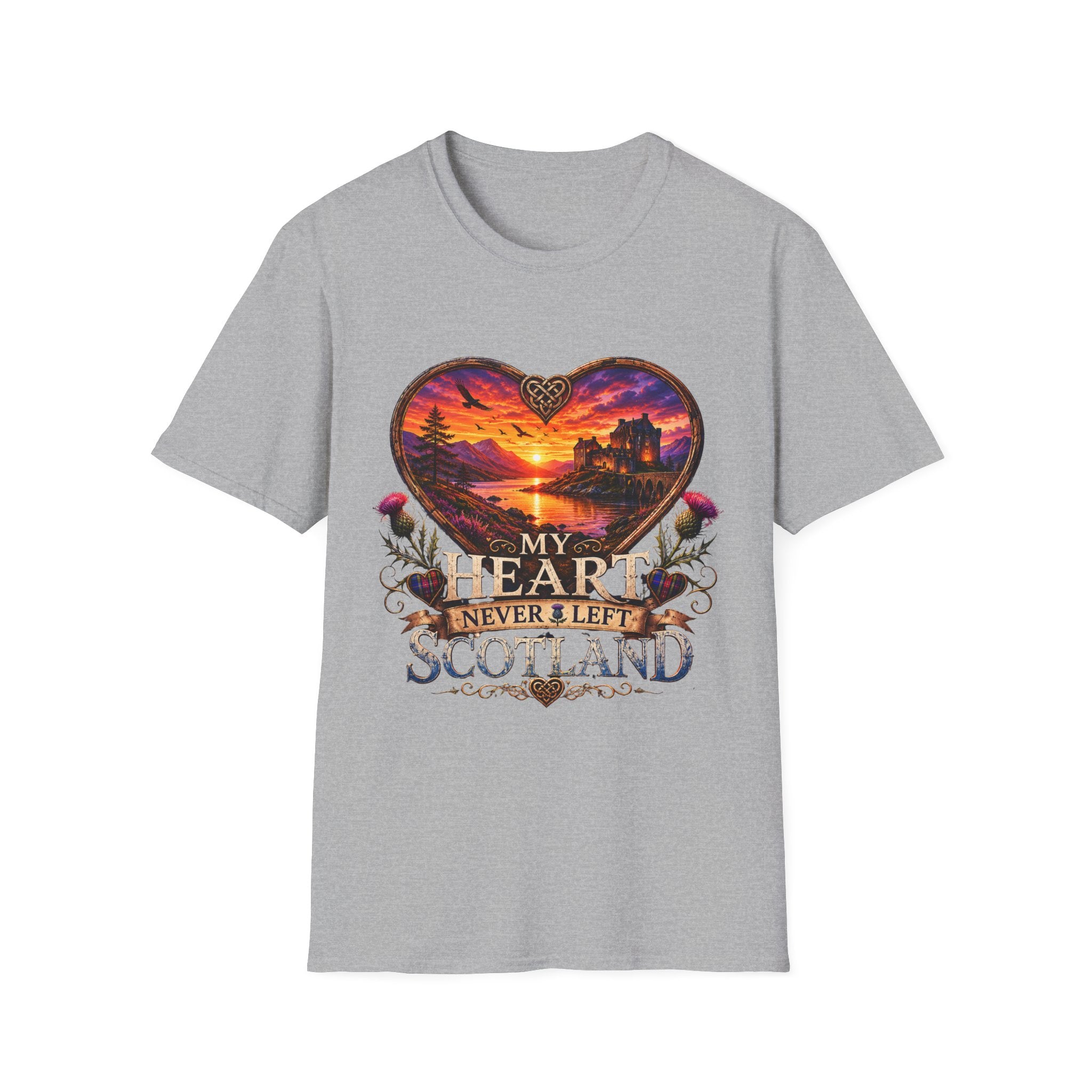 T-Shirt — 'My Heart Never Left Scotland' Scenic Heart Sunset Tee