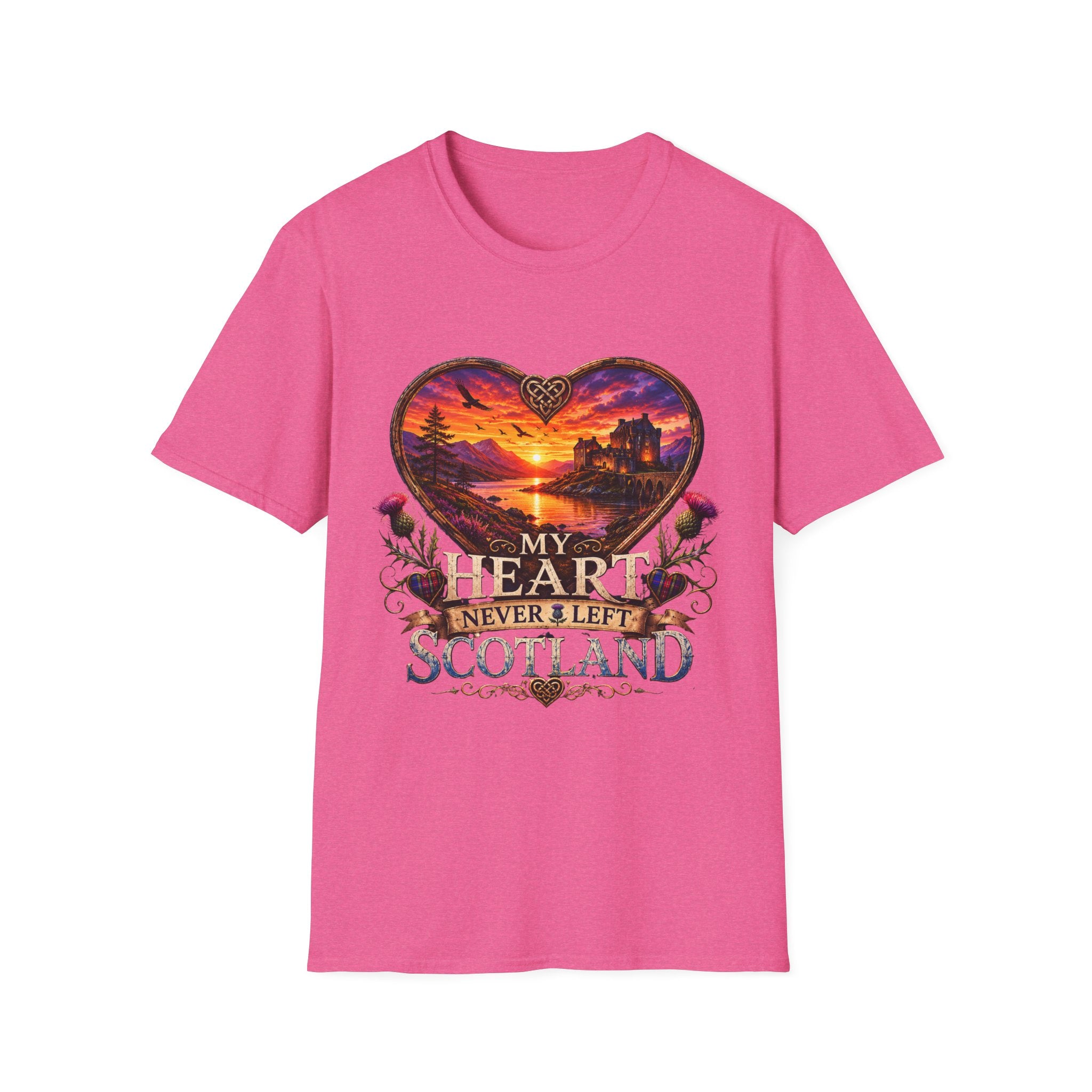 T-Shirt — 'My Heart Never Left Scotland' Scenic Heart Sunset Tee