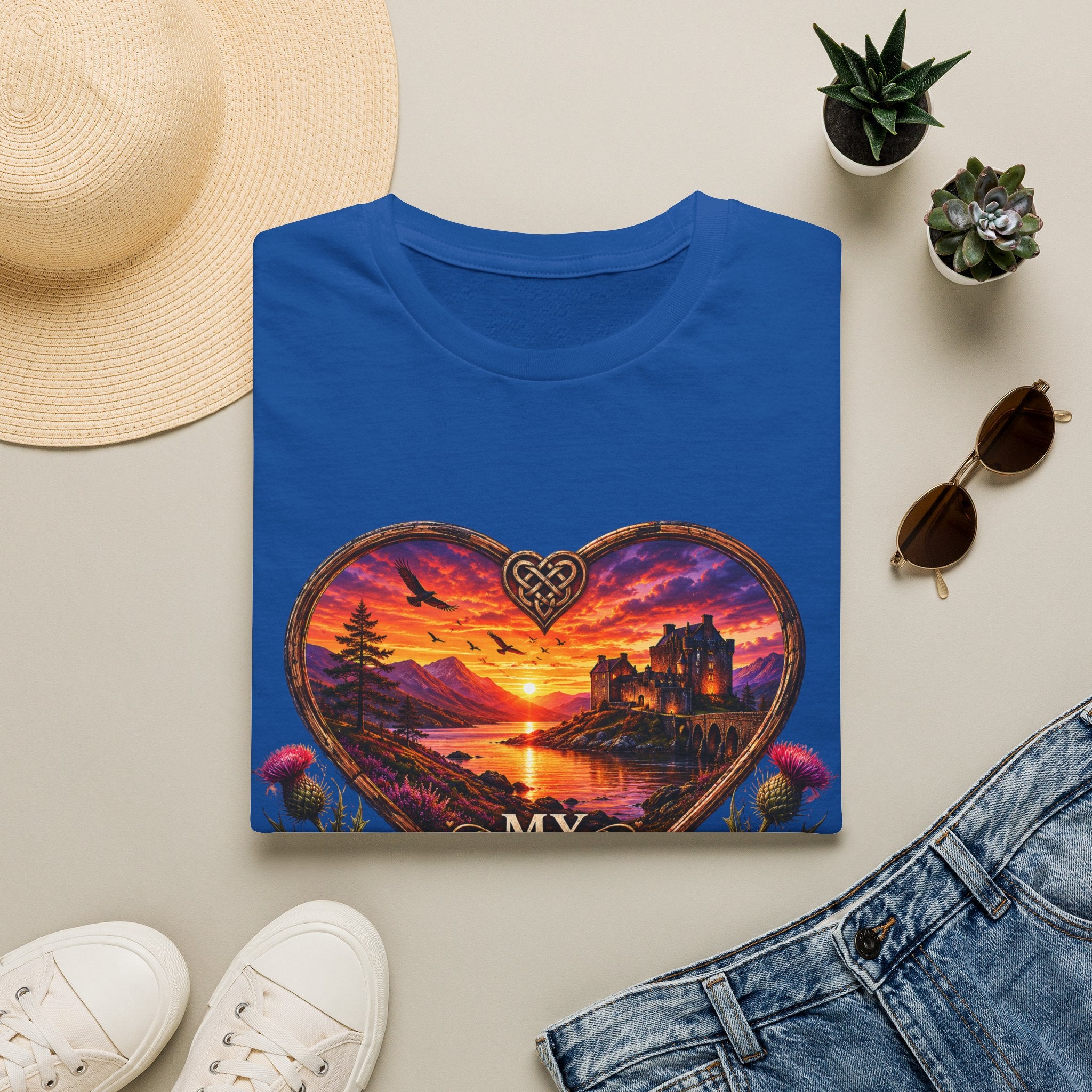 T-Shirt — 'My Heart Never Left Scotland' Scenic Heart Sunset Tee