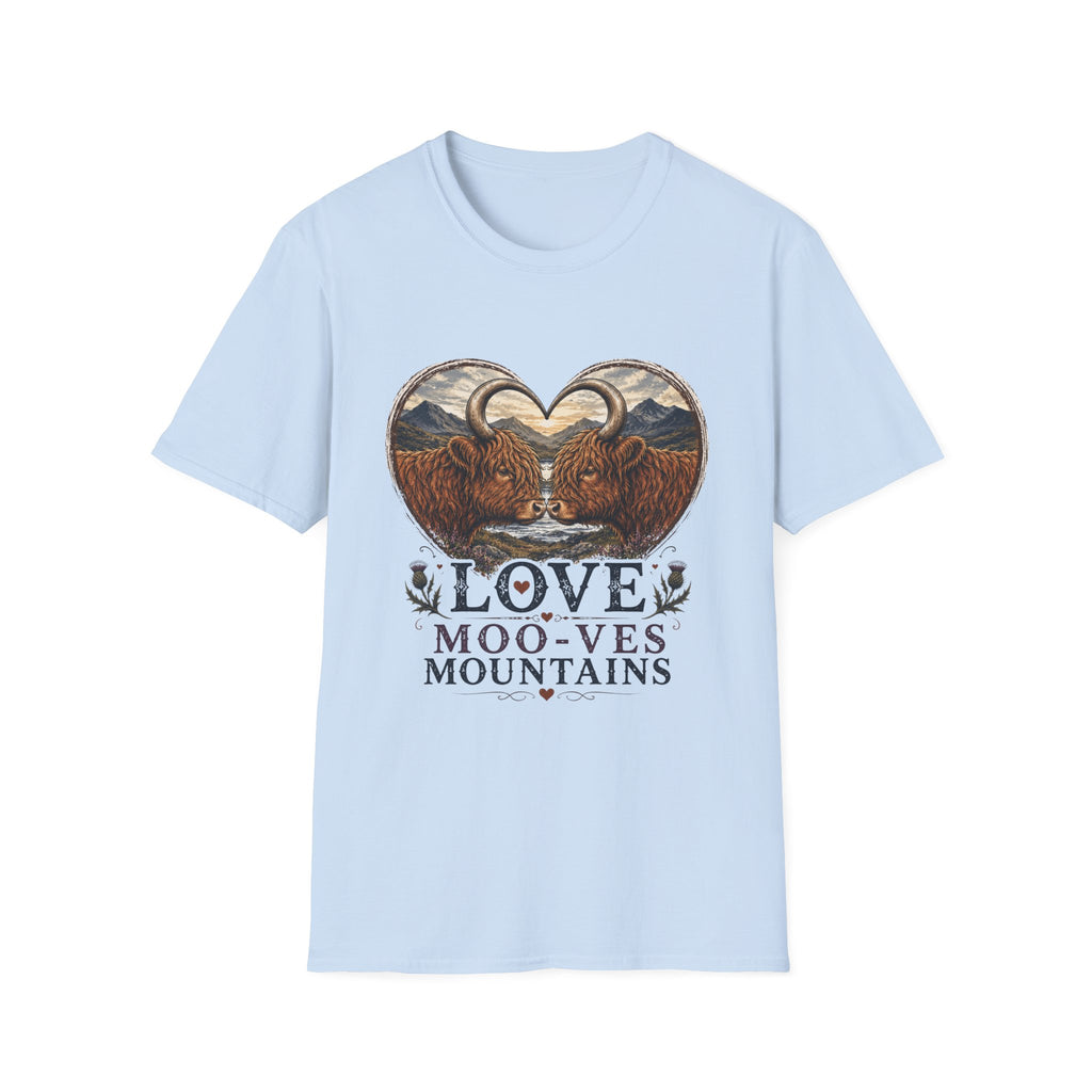 Highland Cow Heart T-Shirt — “Love Moo-ves Mountains”