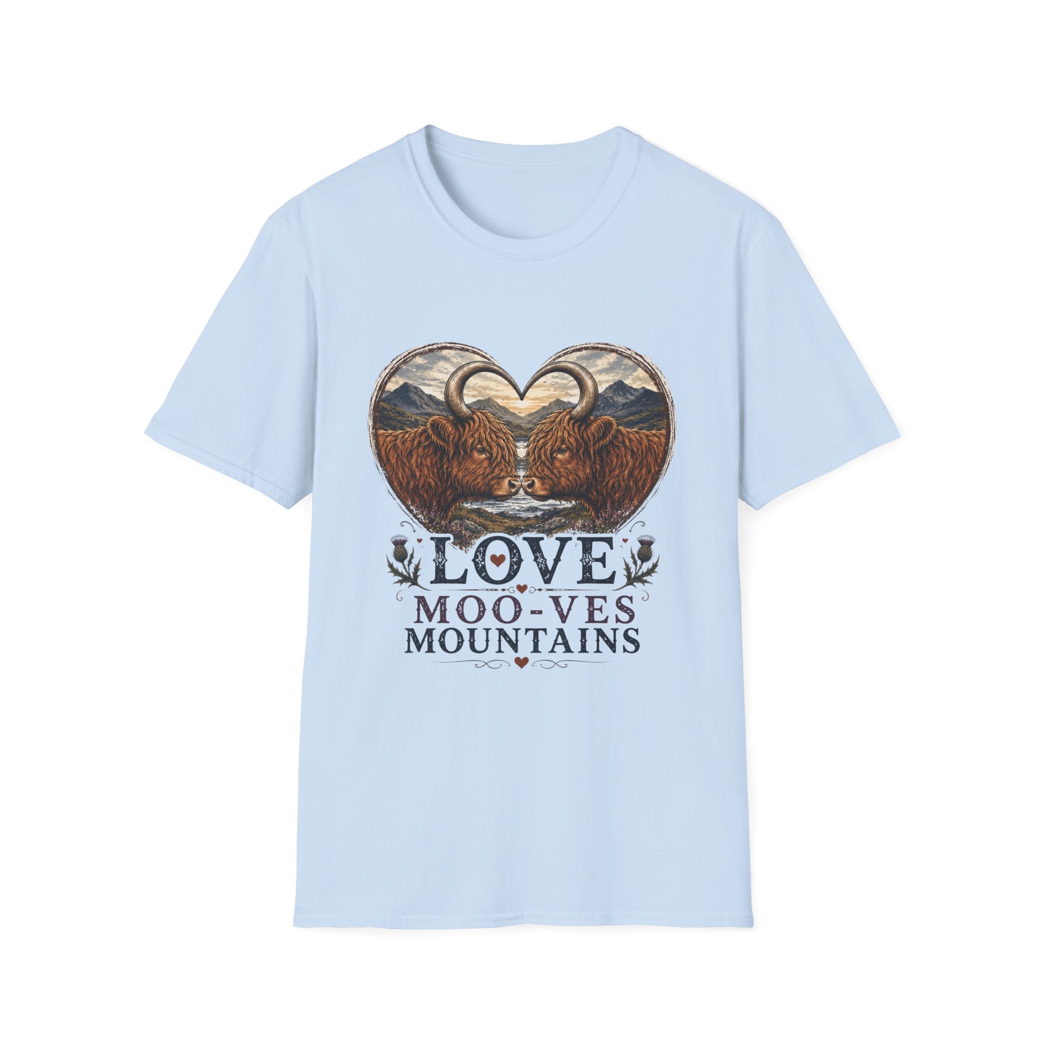 Highland Cow Heart T-Shirt — “Love Moo-ves Mountains”