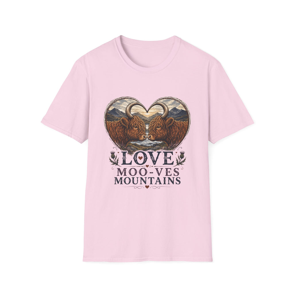 Highland Cow Heart T-Shirt — “Love Moo-ves Mountains”
