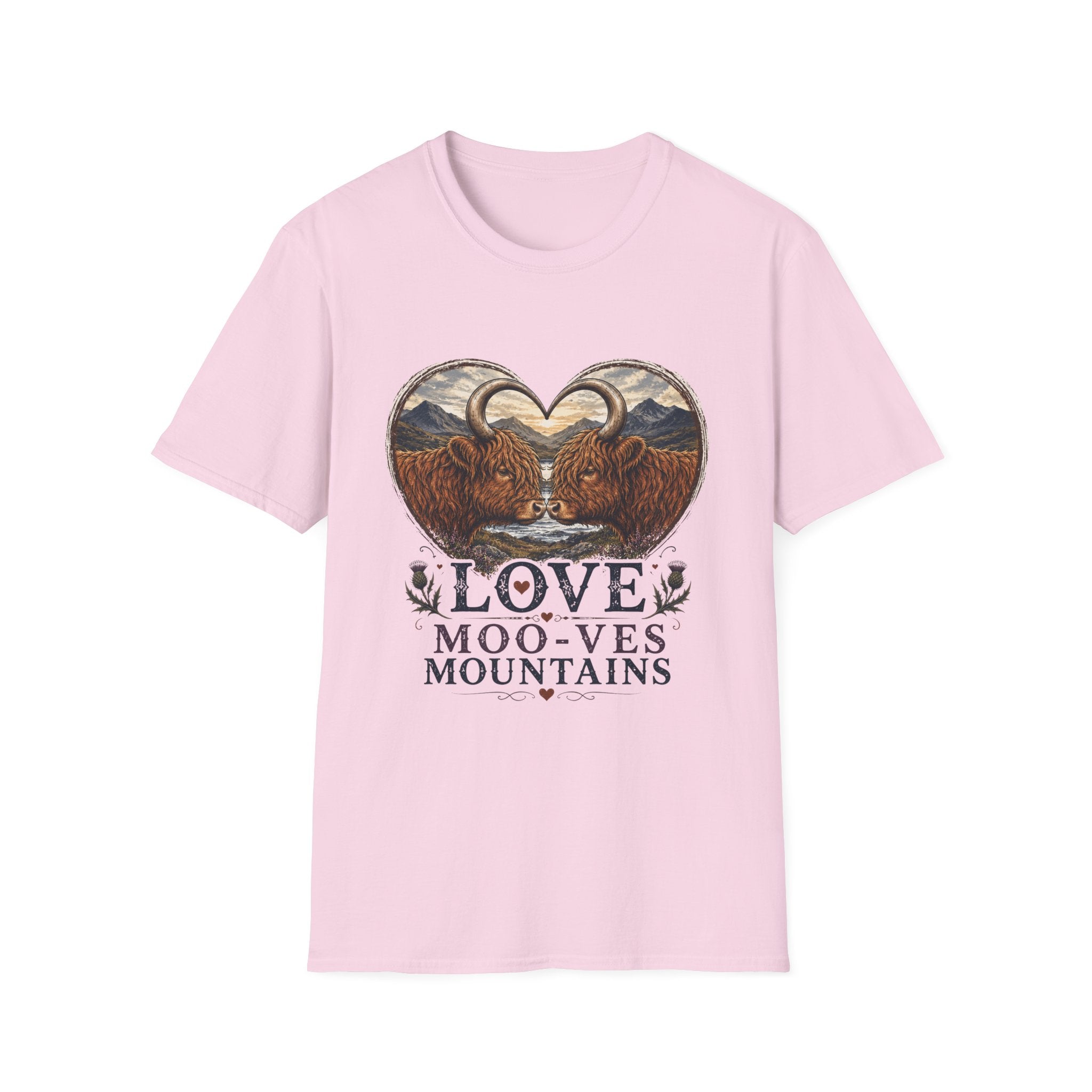 Highland Cow Heart T-Shirt — “Love Moo-ves Mountains”