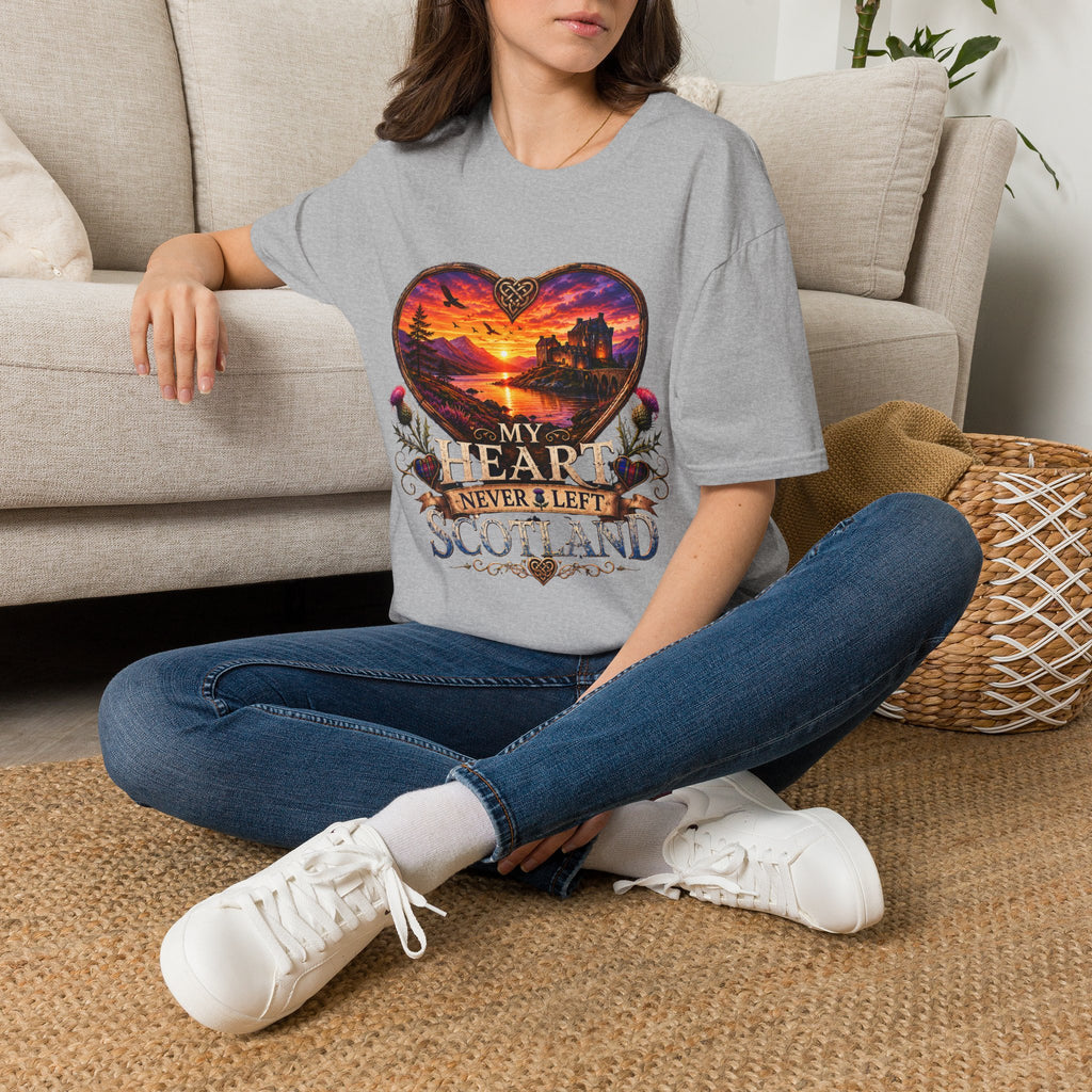 T-Shirt — 'My Heart Never Left Scotland' Scenic Heart Sunset Tee