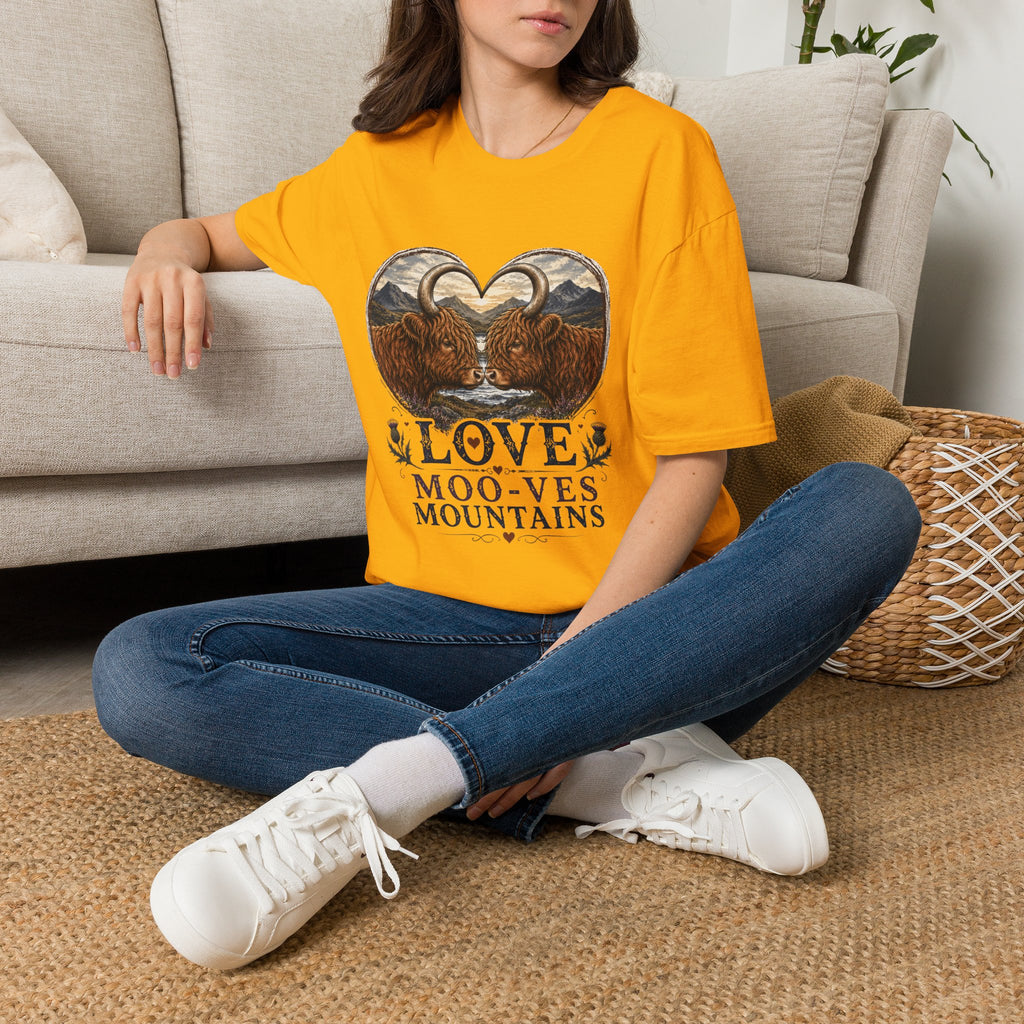 Highland Cow Heart T-Shirt — “Love Moo-ves Mountains”