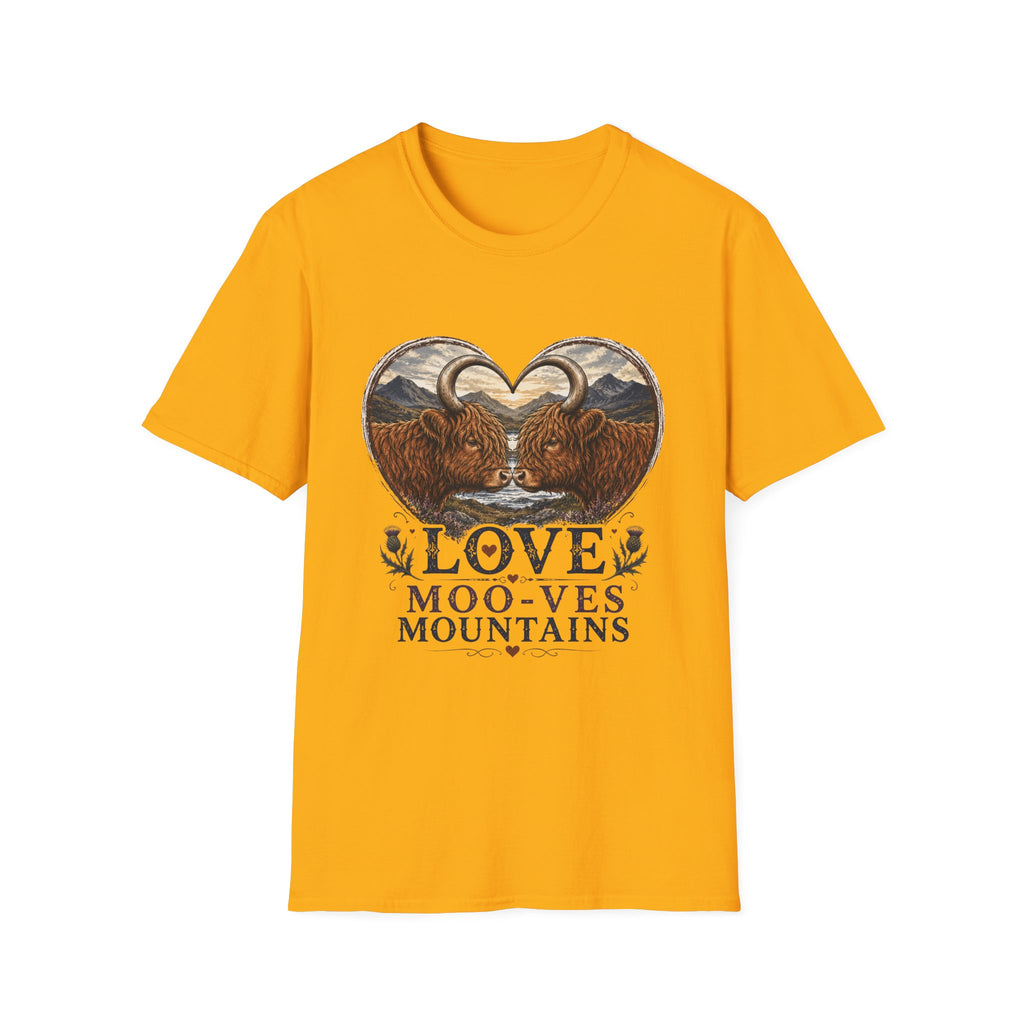 Highland Cow Heart T-Shirt — “Love Moo-ves Mountains”