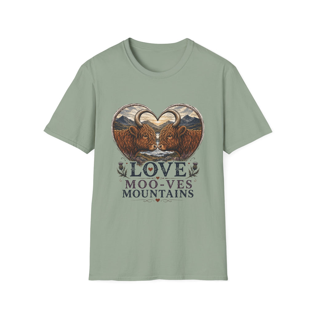 Highland Cow Heart T-Shirt — “Love Moo-ves Mountains”