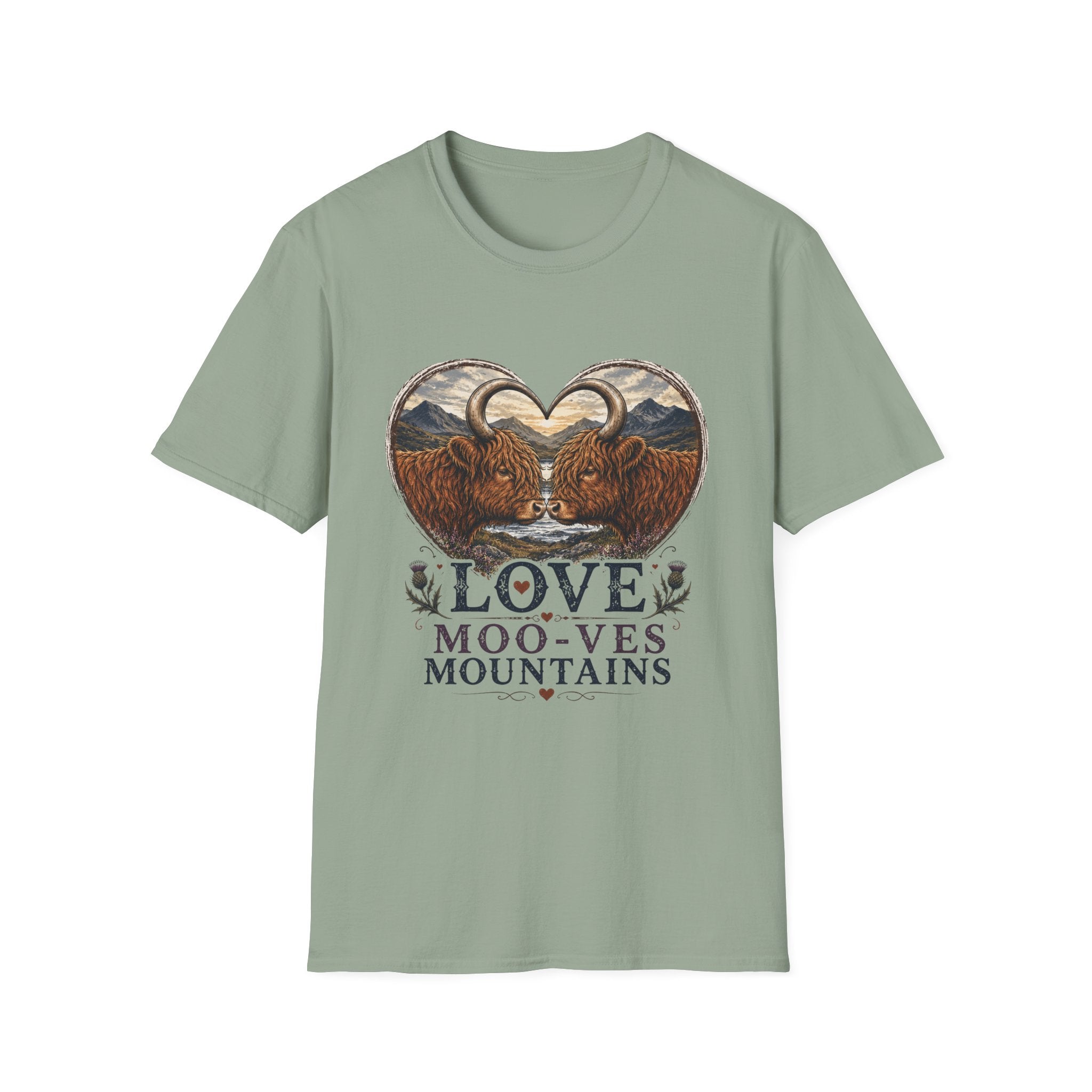 Highland Cow Heart T-Shirt — “Love Moo-ves Mountains”
