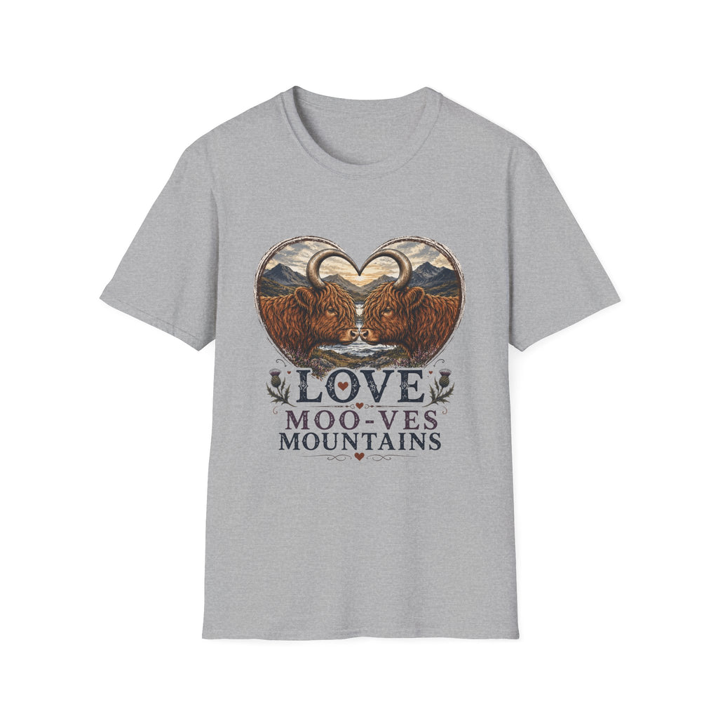 Highland Cow Heart T-Shirt — “Love Moo-ves Mountains”