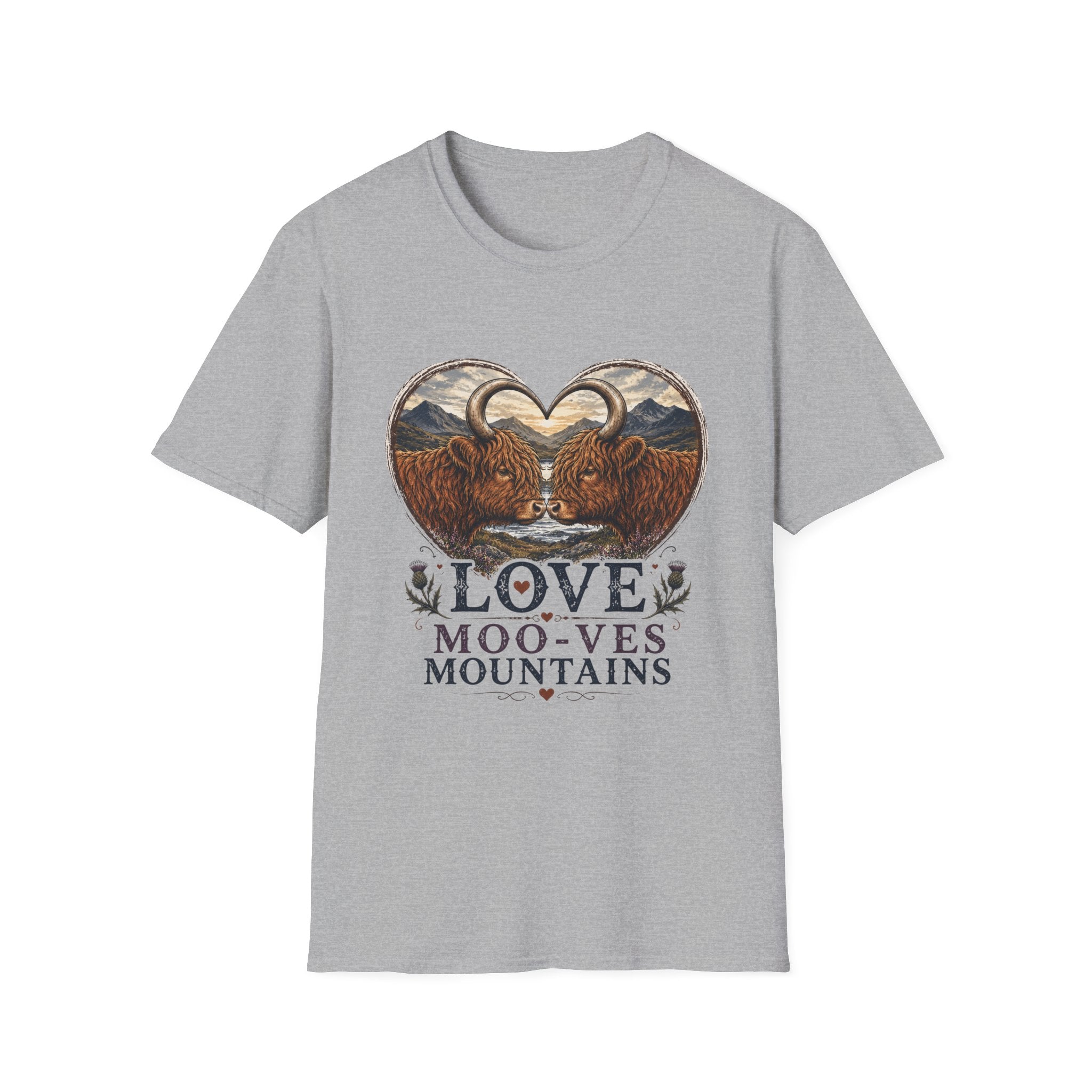 Highland Cow Heart T-Shirt — “Love Moo-ves Mountains”
