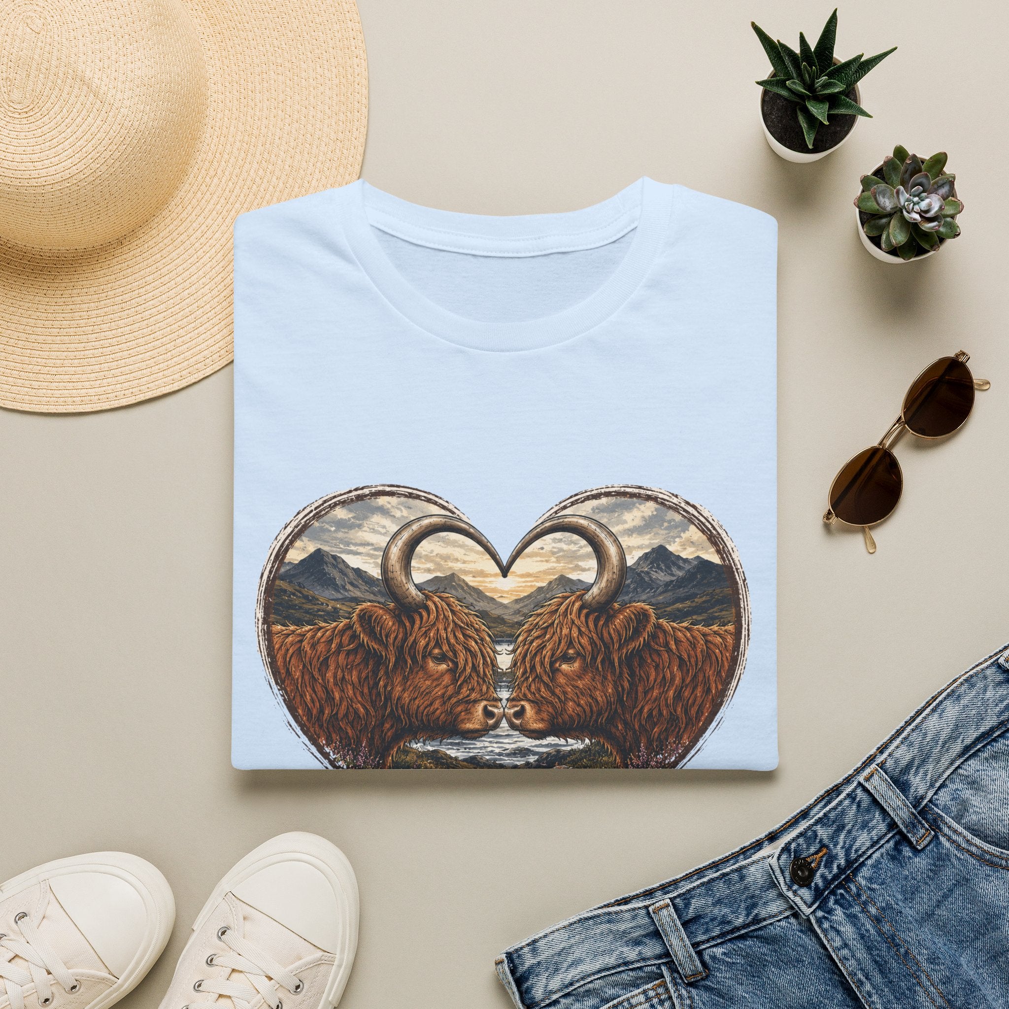 Highland Cow Heart T-Shirt — “Love Moo-ves Mountains”