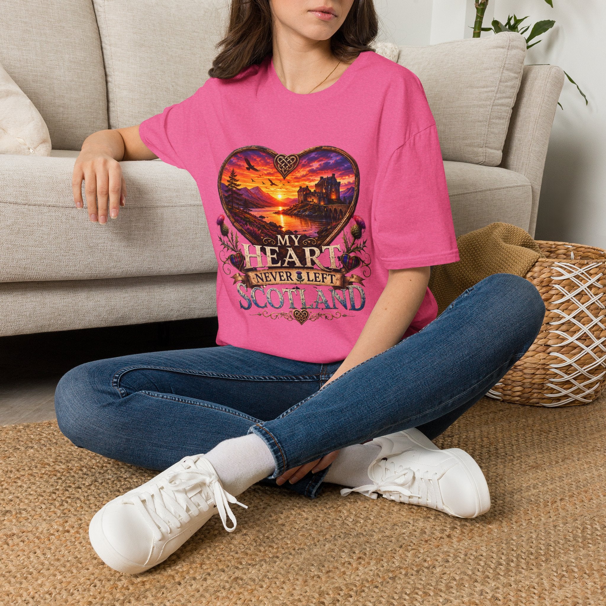 T-Shirt — 'My Heart Never Left Scotland' Scenic Heart Sunset Tee