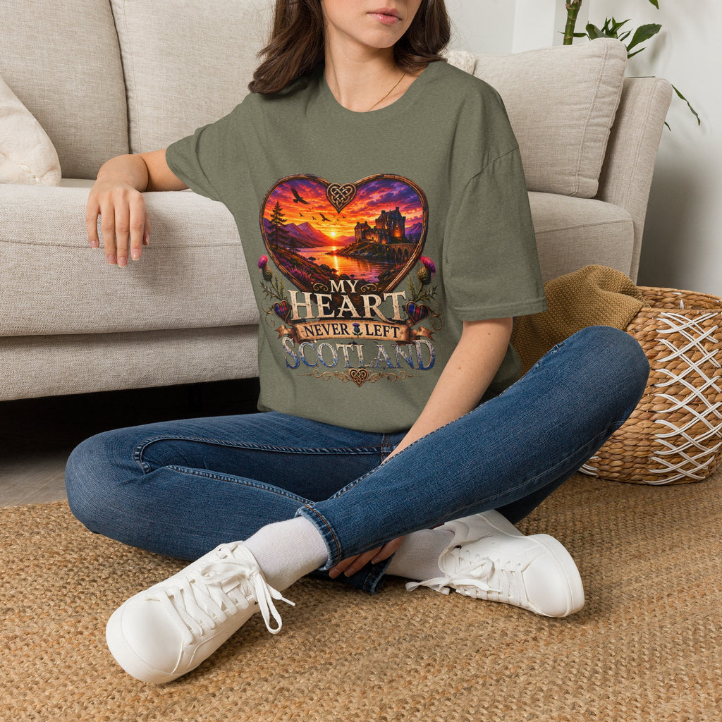 T-Shirt — 'My Heart Never Left Scotland' Scenic Heart Sunset Tee