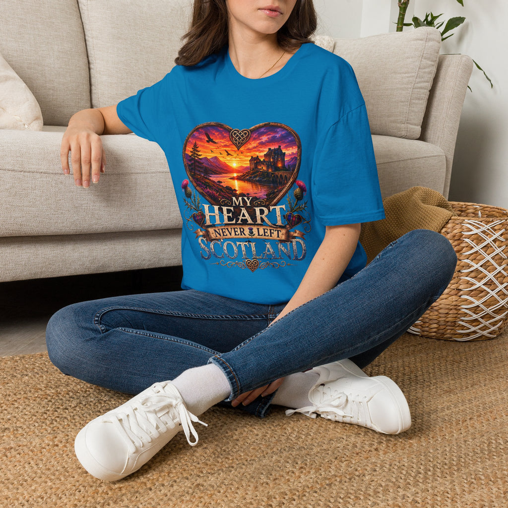 T-Shirt — 'My Heart Never Left Scotland' Scenic Heart Sunset Tee