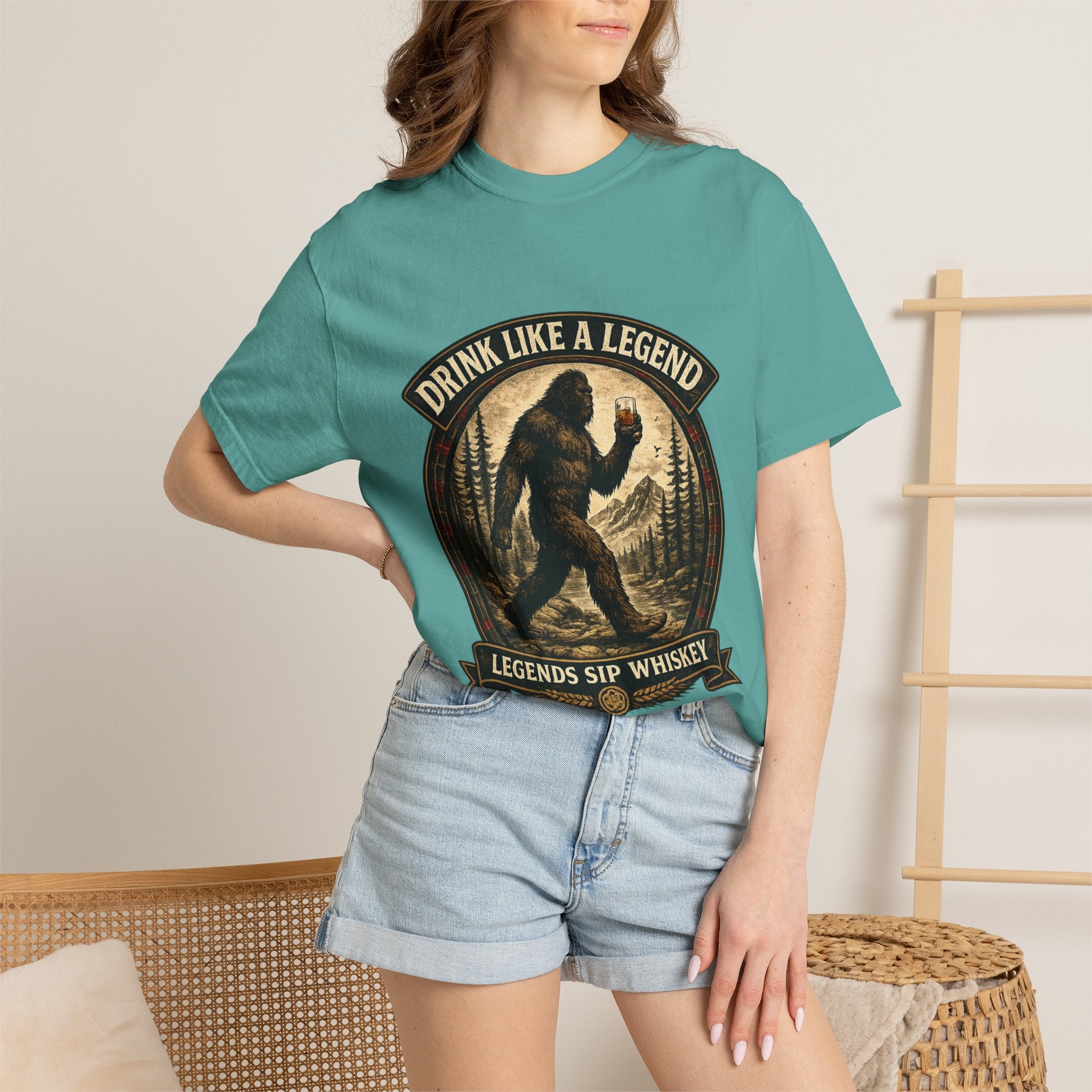 Drink Whiskey Like a Legend T-Shirt — Bigfoot Rustic Forest Graphic Tee