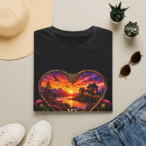 T-Shirt — 'My Heart Never Left Scotland' Scenic Heart Sunset Tee