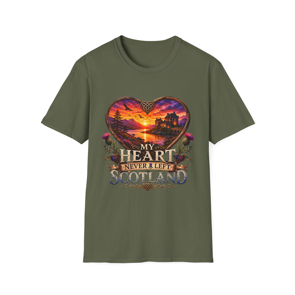 T-Shirt — 'My Heart Never Left Scotland' Scenic Heart Sunset Tee