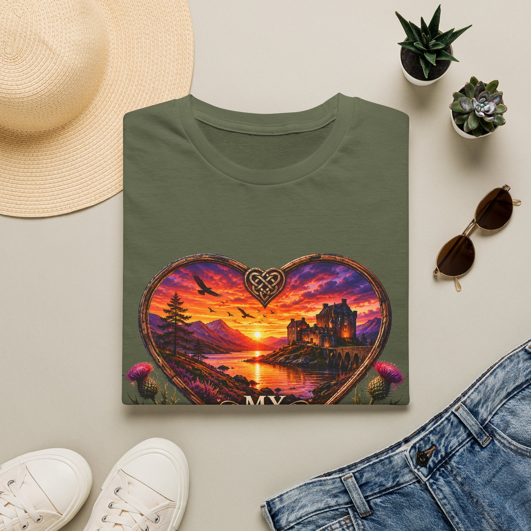 T-Shirt — 'My Heart Never Left Scotland' Scenic Heart Sunset Tee