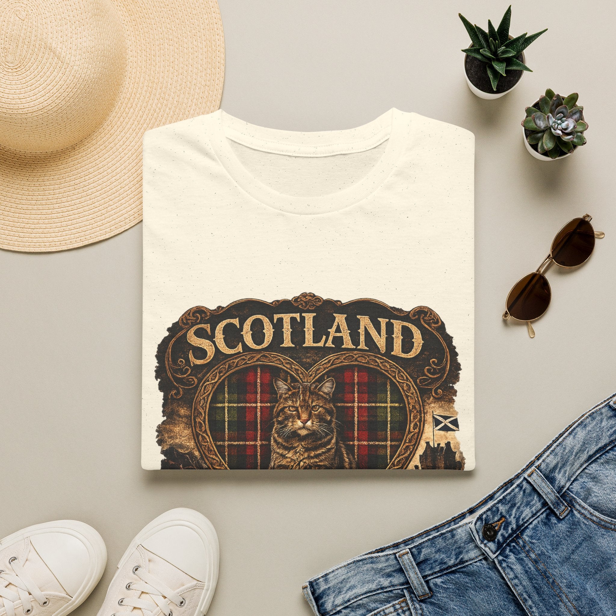 Scotland Wildcat – Heart, Home & Tartan Cat Retro Travel Tee