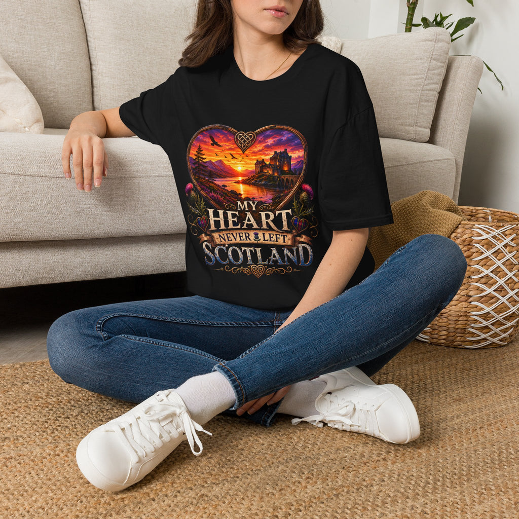 T-Shirt — 'My Heart Never Left Scotland' Scenic Heart Sunset Tee