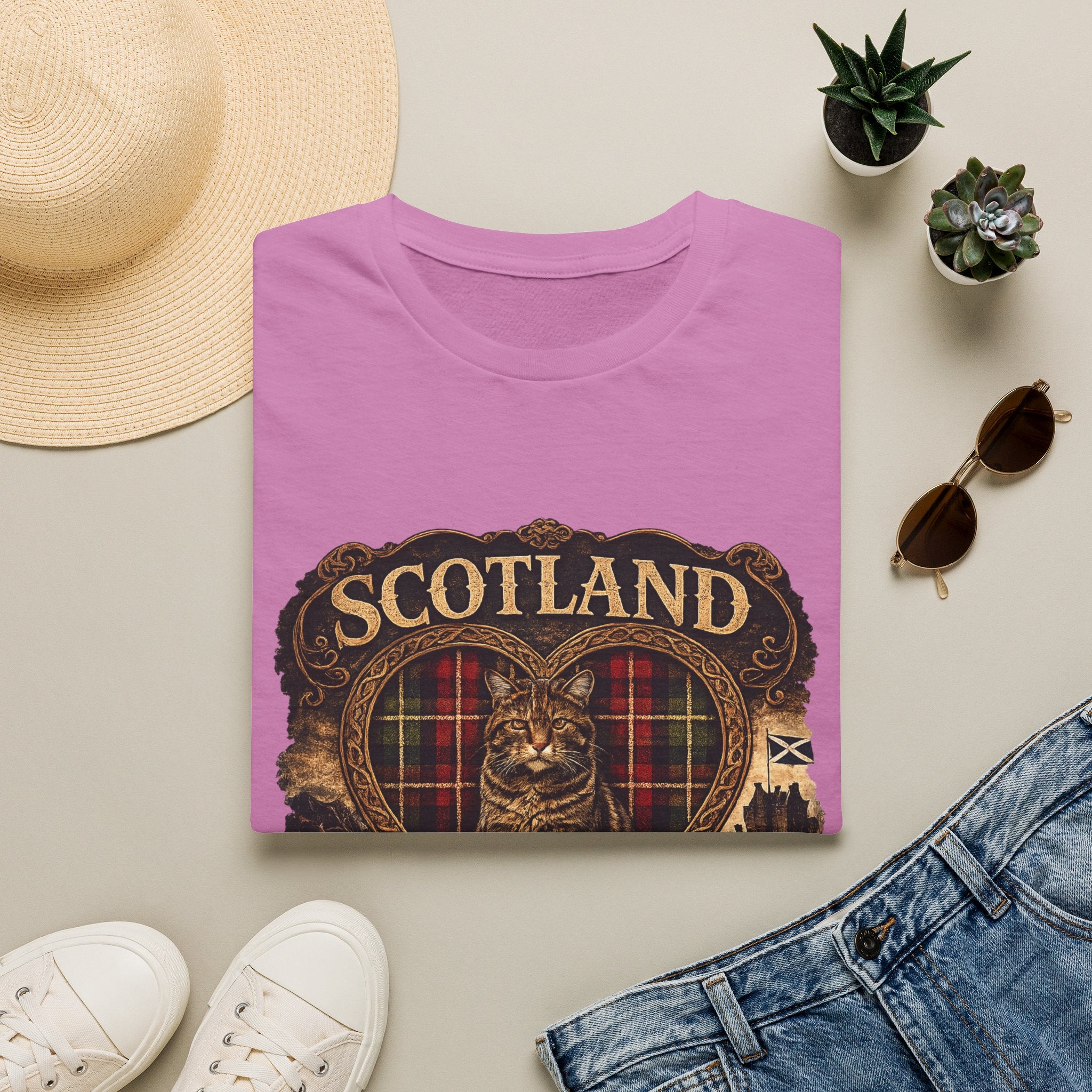 Scotland Wildcat – Heart, Home & Tartan Cat Retro Travel Tee