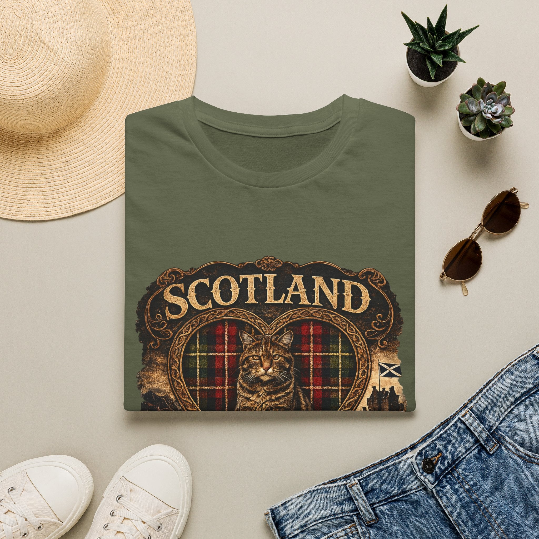 Scotland Wildcat – Heart, Home & Tartan Cat Retro Travel Tee