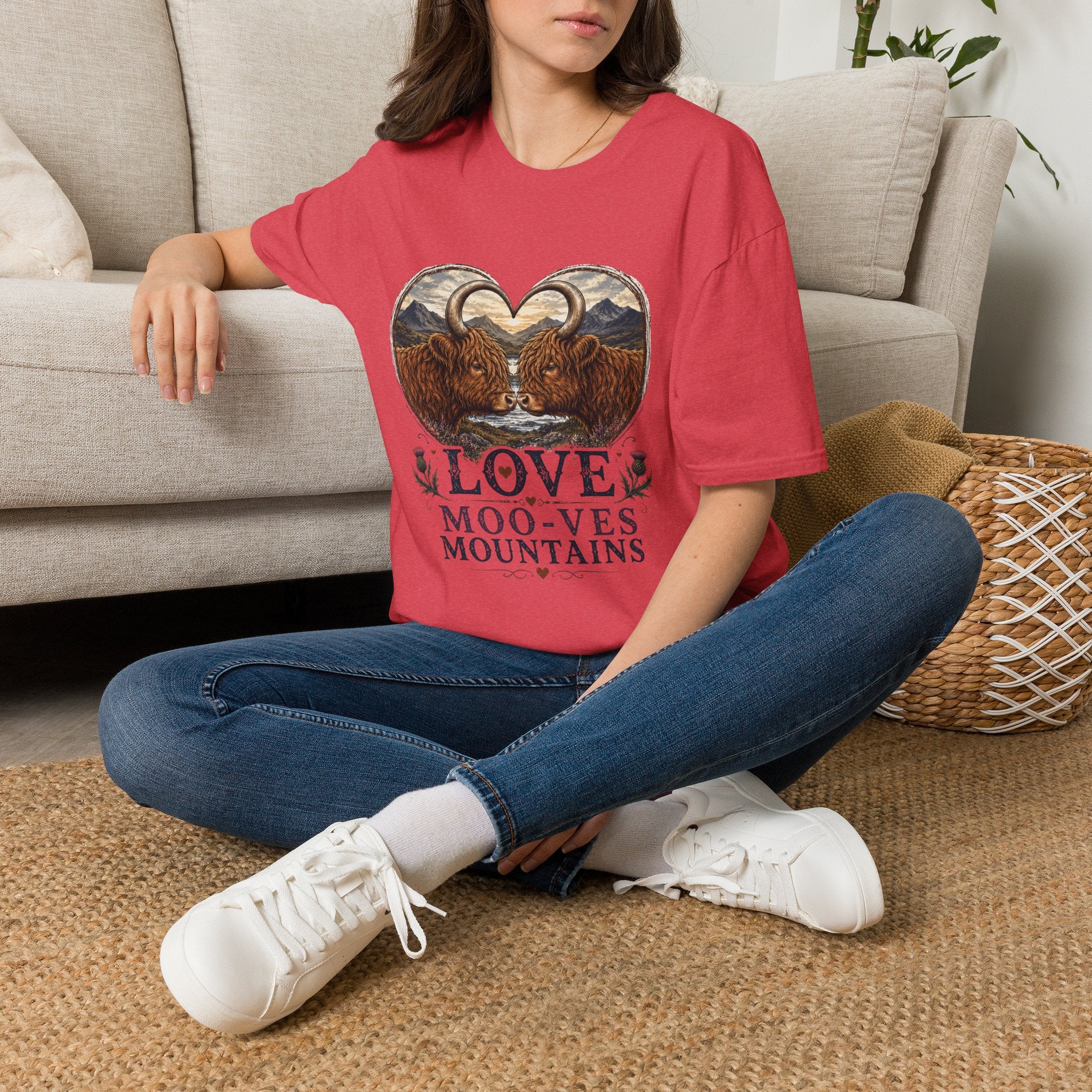Highland Cow Heart T-Shirt — “Love Moo-ves Mountains”