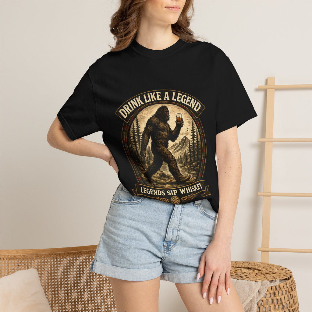 Drink Whiskey Like a Legend T-Shirt — Bigfoot Rustic Forest Graphic Tee