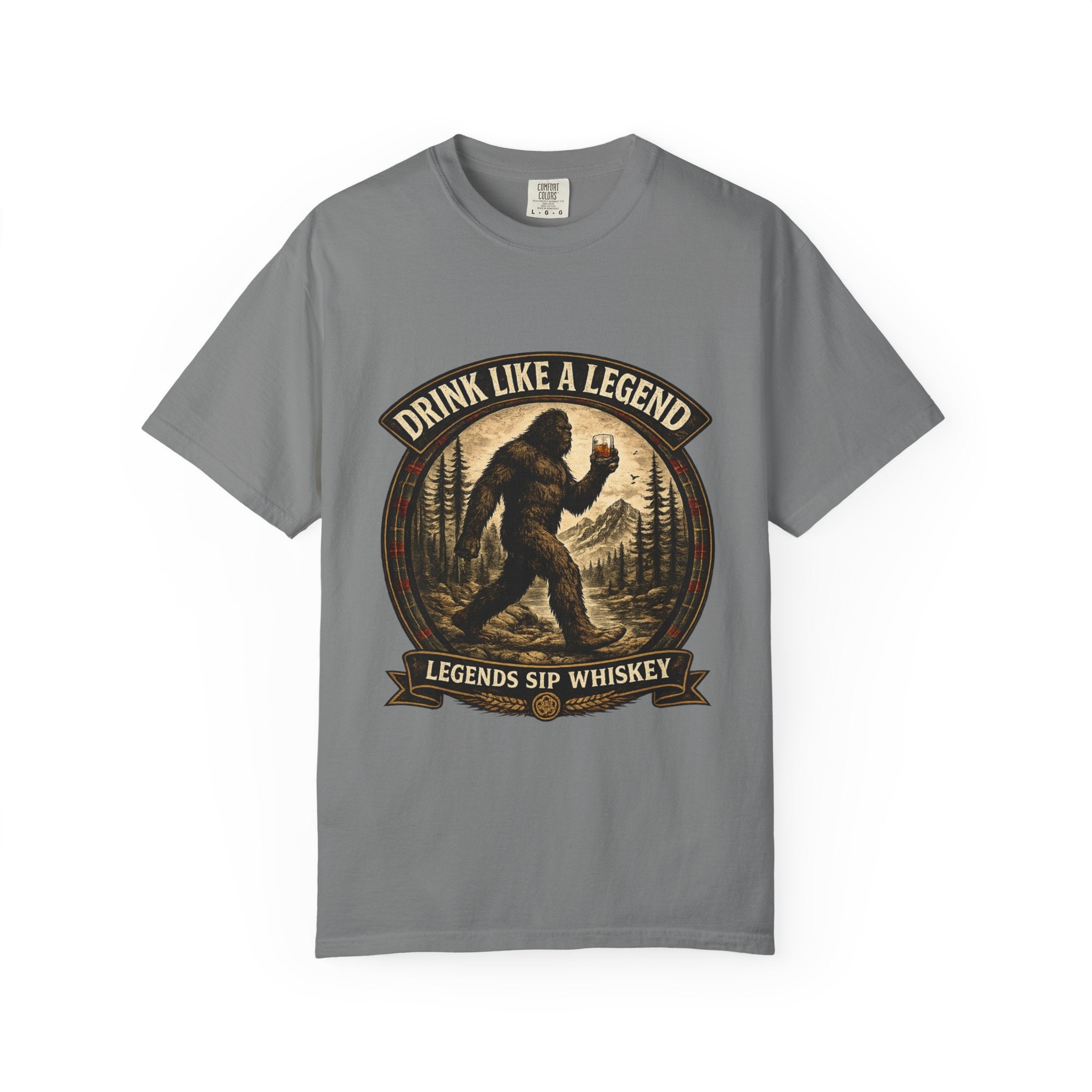 Drink Whiskey Like a Legend T-Shirt — Bigfoot Rustic Forest Graphic Tee