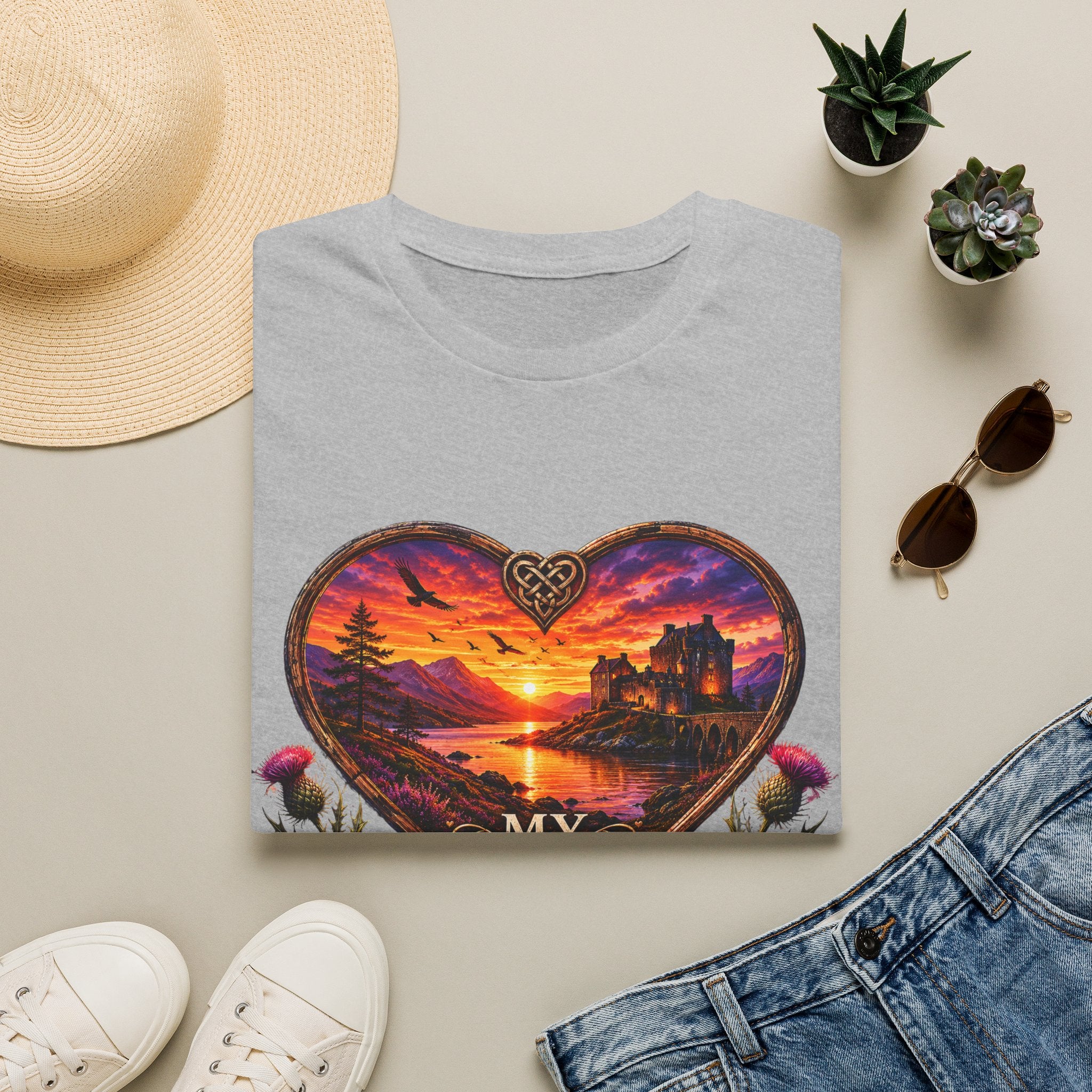 T-Shirt — 'My Heart Never Left Scotland' Scenic Heart Sunset Tee