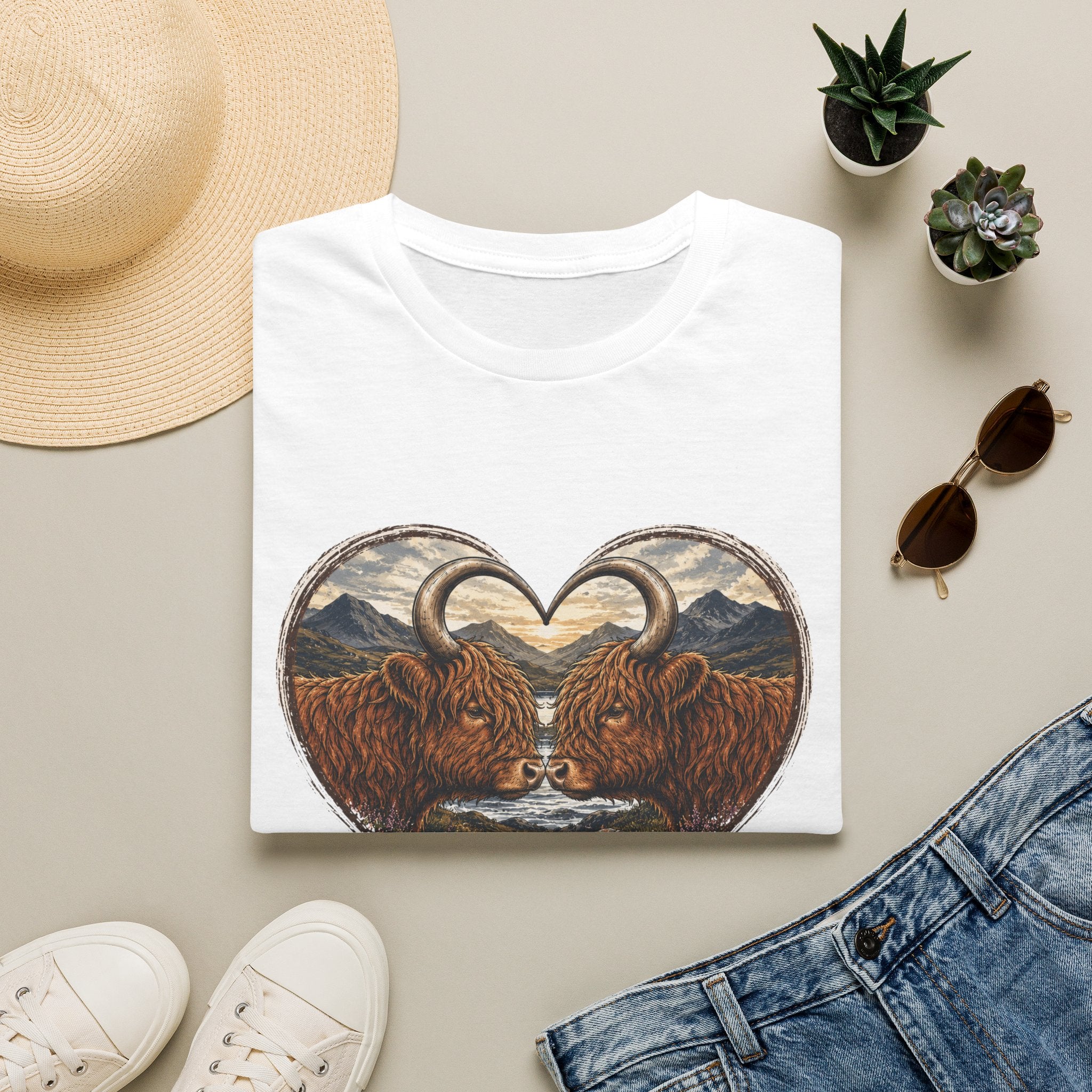 Highland Cow Heart T-Shirt — “Love Moo-ves Mountains”
